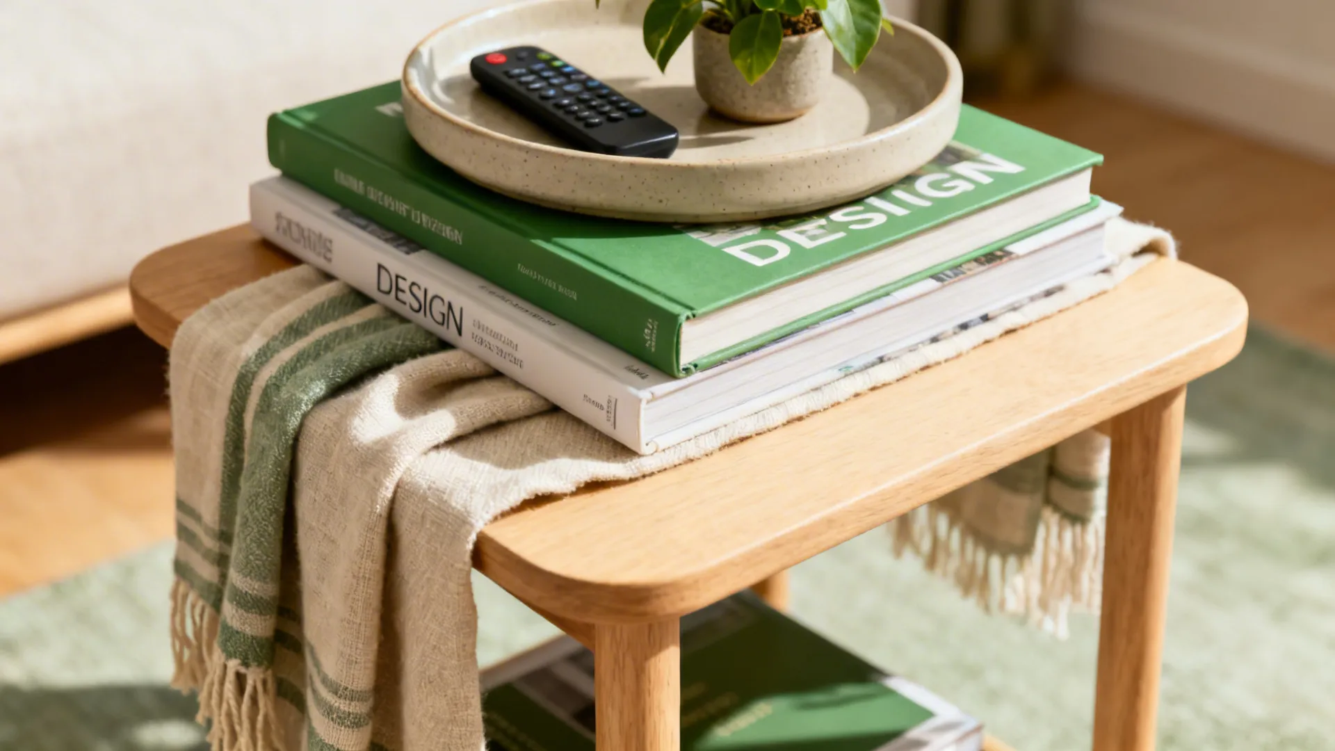 Macro vignette with stacked books as a table, tray for remotes, and a scarf as a runner.
