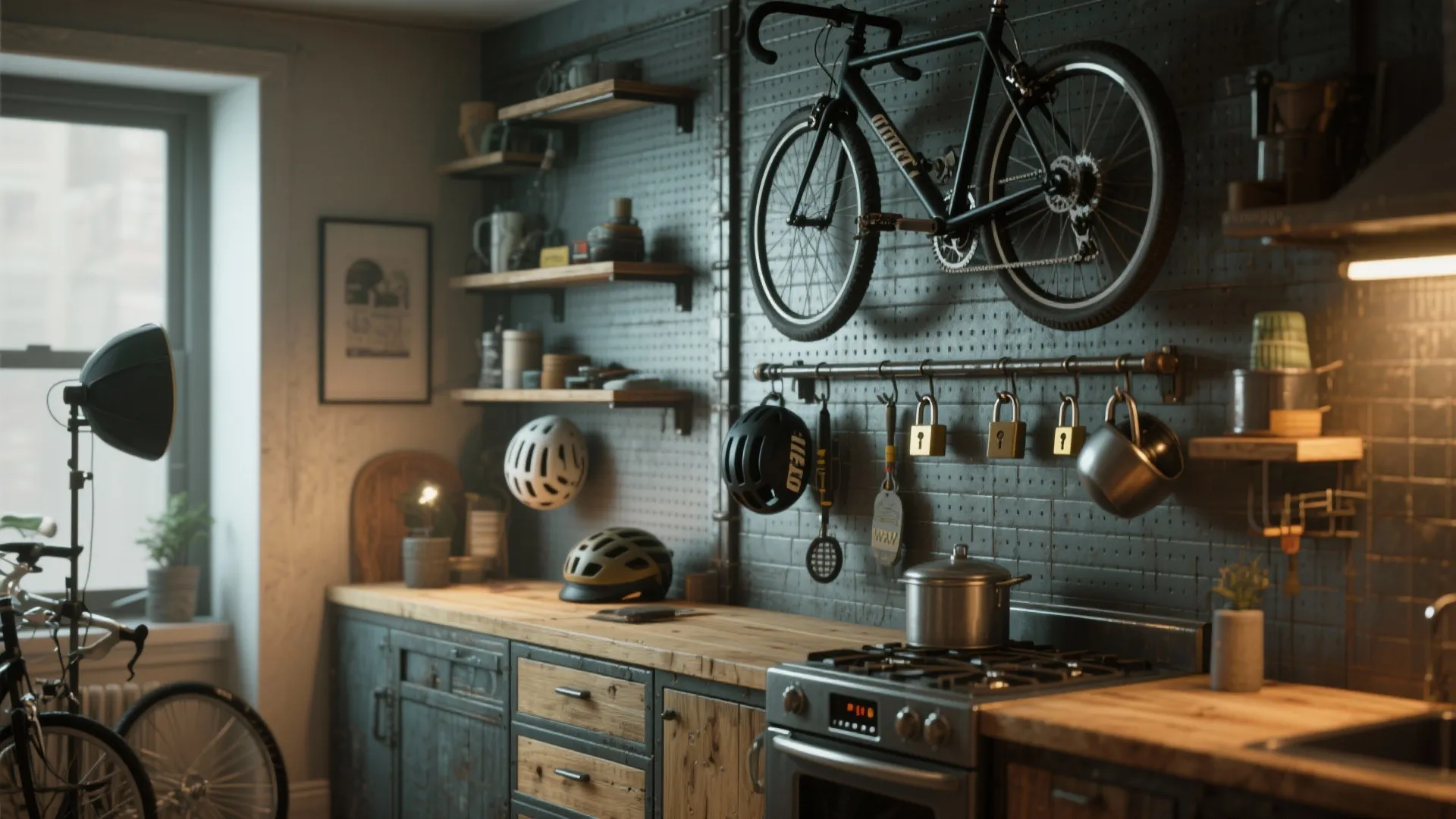 Black bicycle hung on a wall above a kitchen counter with helmet and cooking tools
