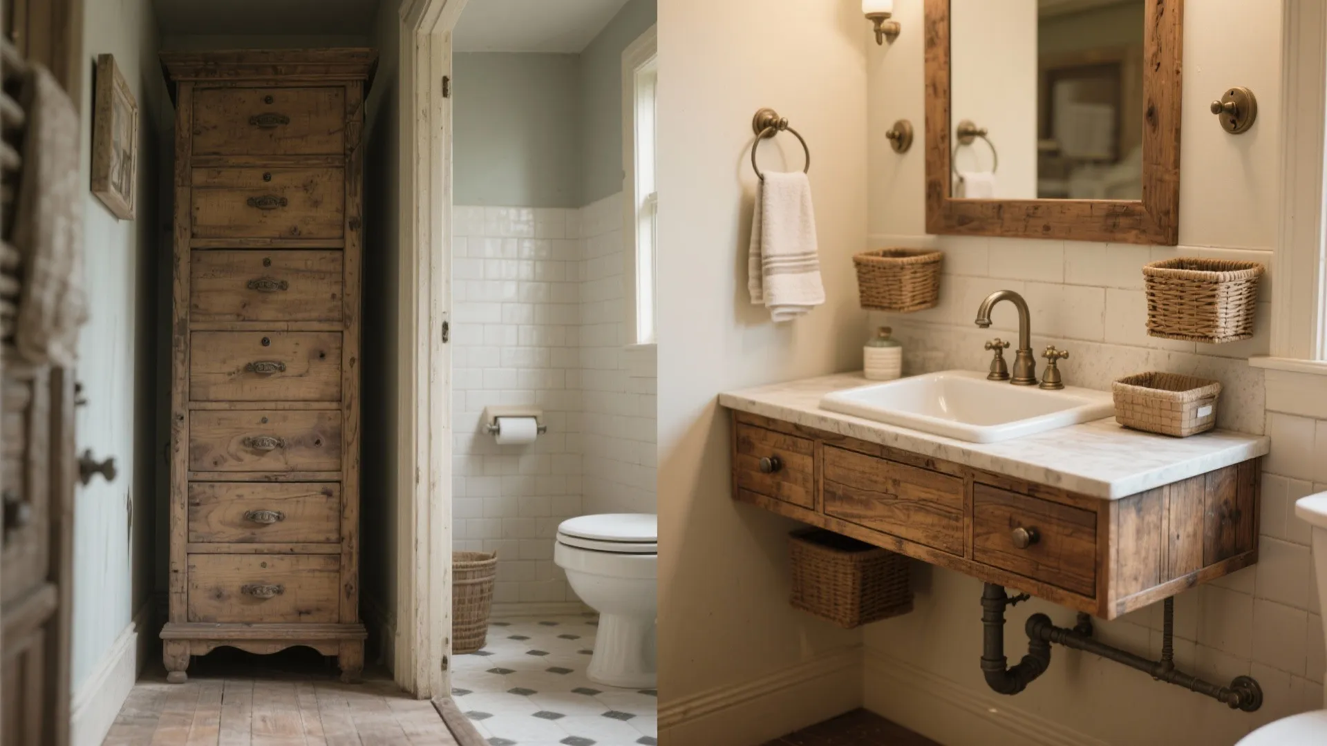 Before and after comparison of old wooden cabinet repurposed into rustic bathroom sink and vanity unit