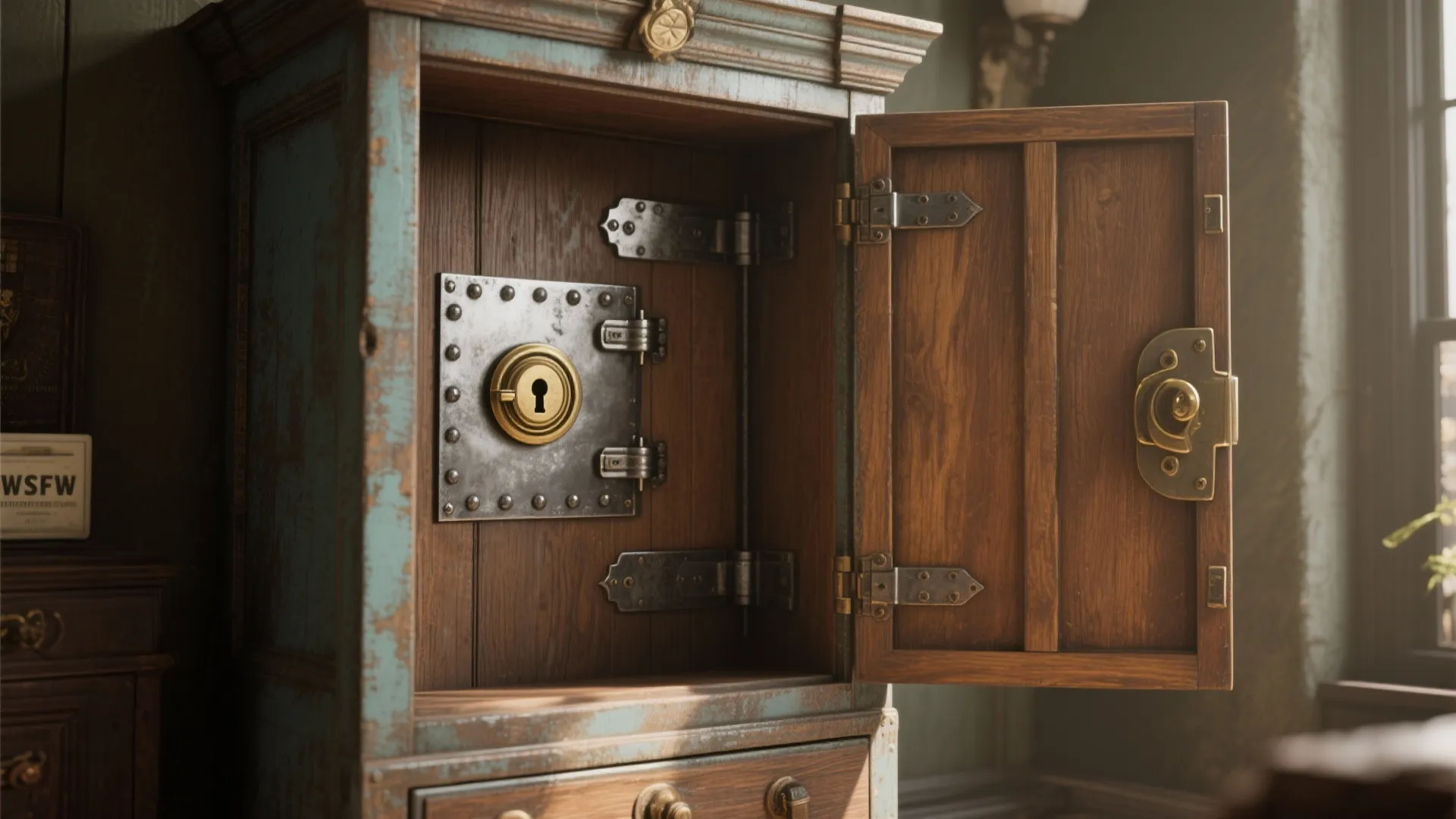 Vintage wooden cabinet with an open door revealing a small metal safe with gold lock