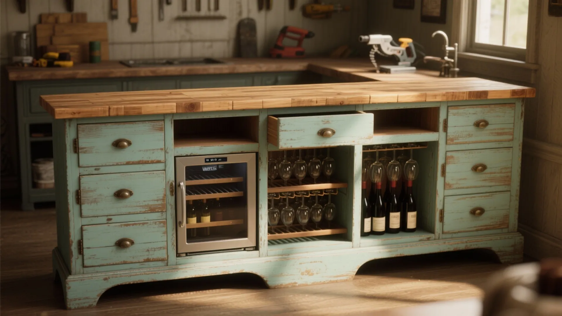 Vintage blue wooden kitchen island featuring a small wine fridge and built in wine glass storage