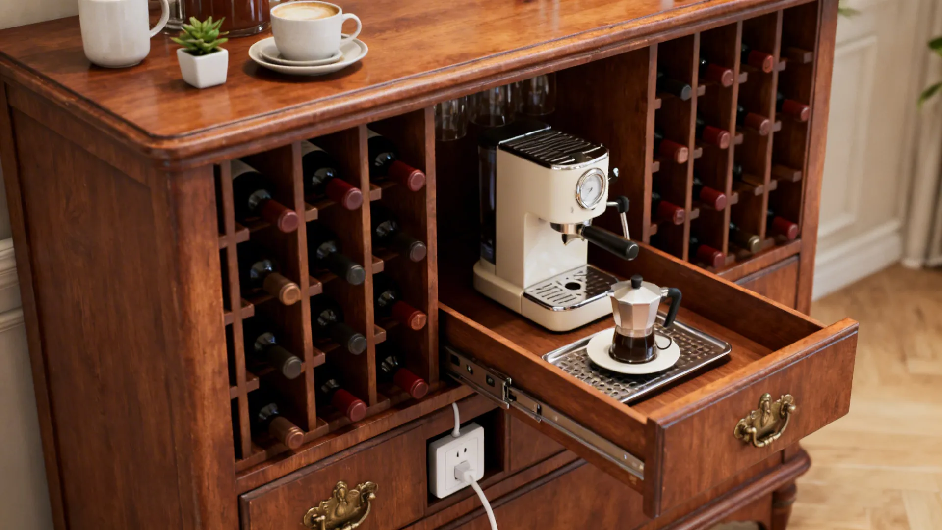 Vintage dresser repurposed as a mini bar with wine racks and a pull-out coffee station.