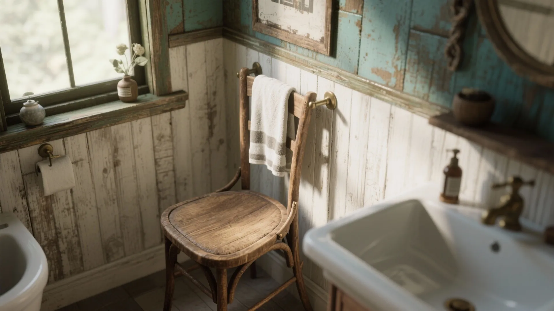 Vintage bathroom with rustic wall panels plus a wooden chair used as a towel rack