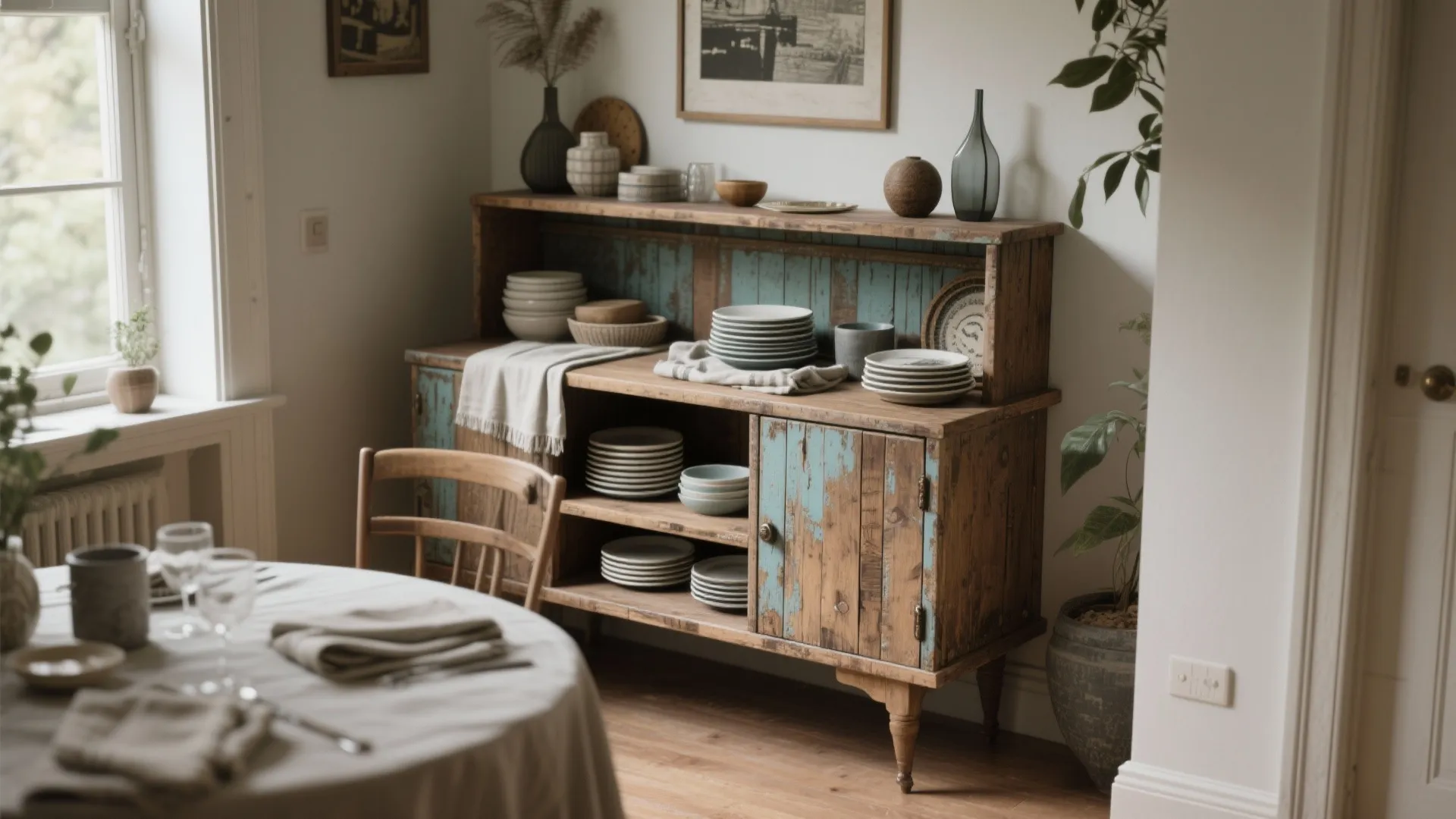 Rustic wooden cabinet with blue paint finish holding plates and bowls in a dining area