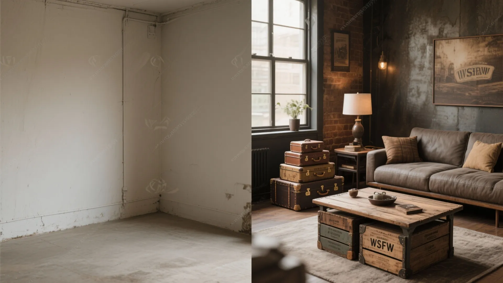 Before and after comparison showing an empty room transformed into an industrial living room design