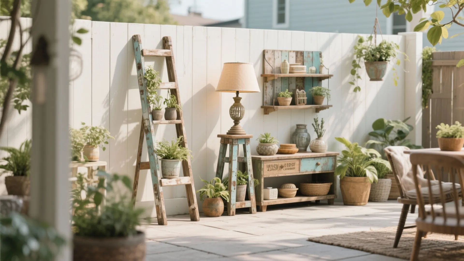 Repurposed home decor pieces used creatively on patio