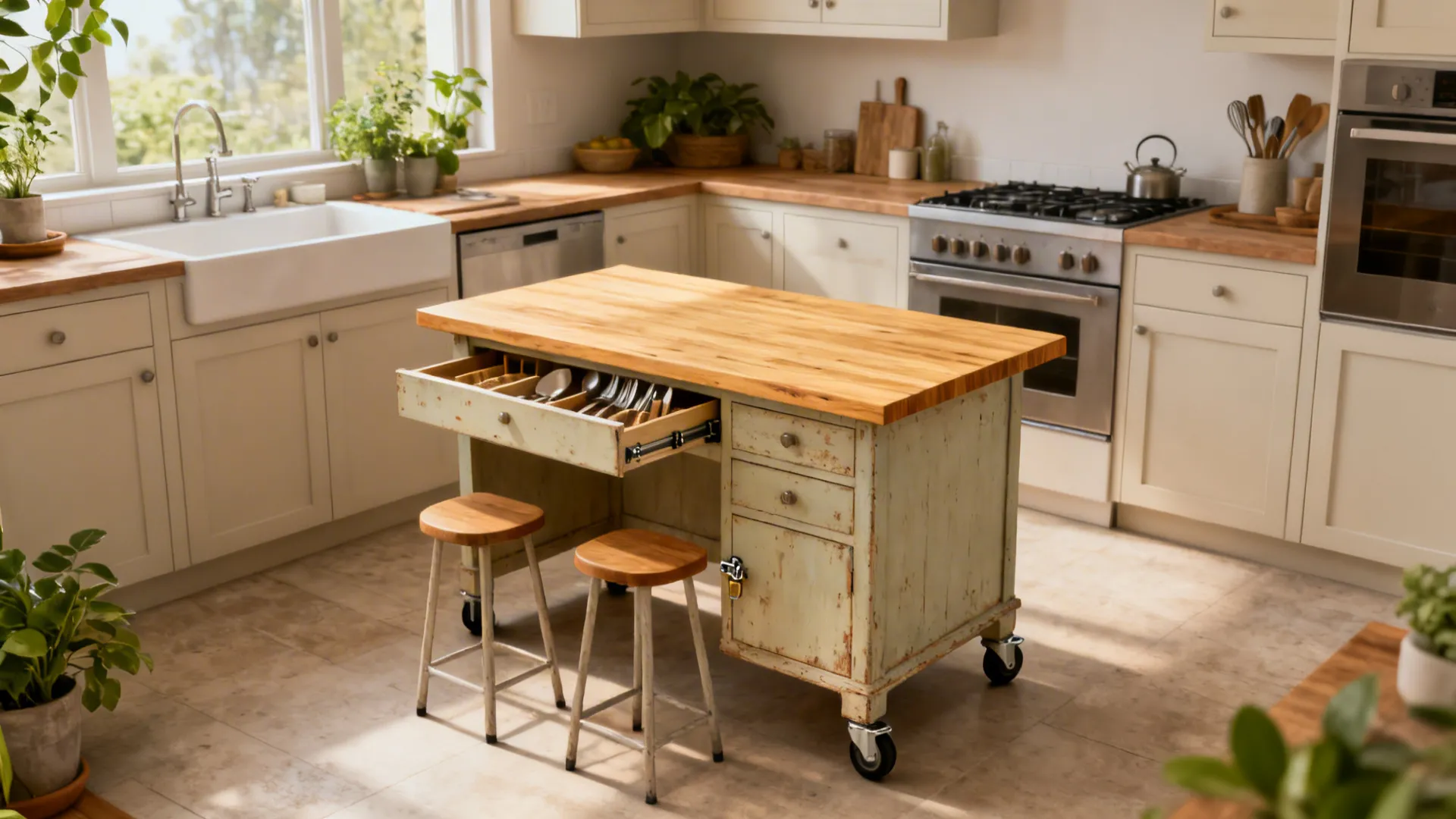 Vintage desk repurposed as a kitchen island with a maple slab and backless stools.