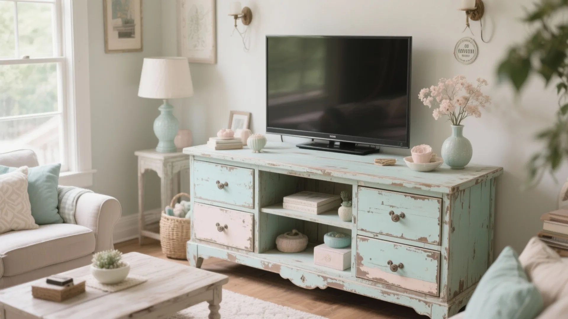 Vintage dresser repurposed as a TV console in a shabby chic living room