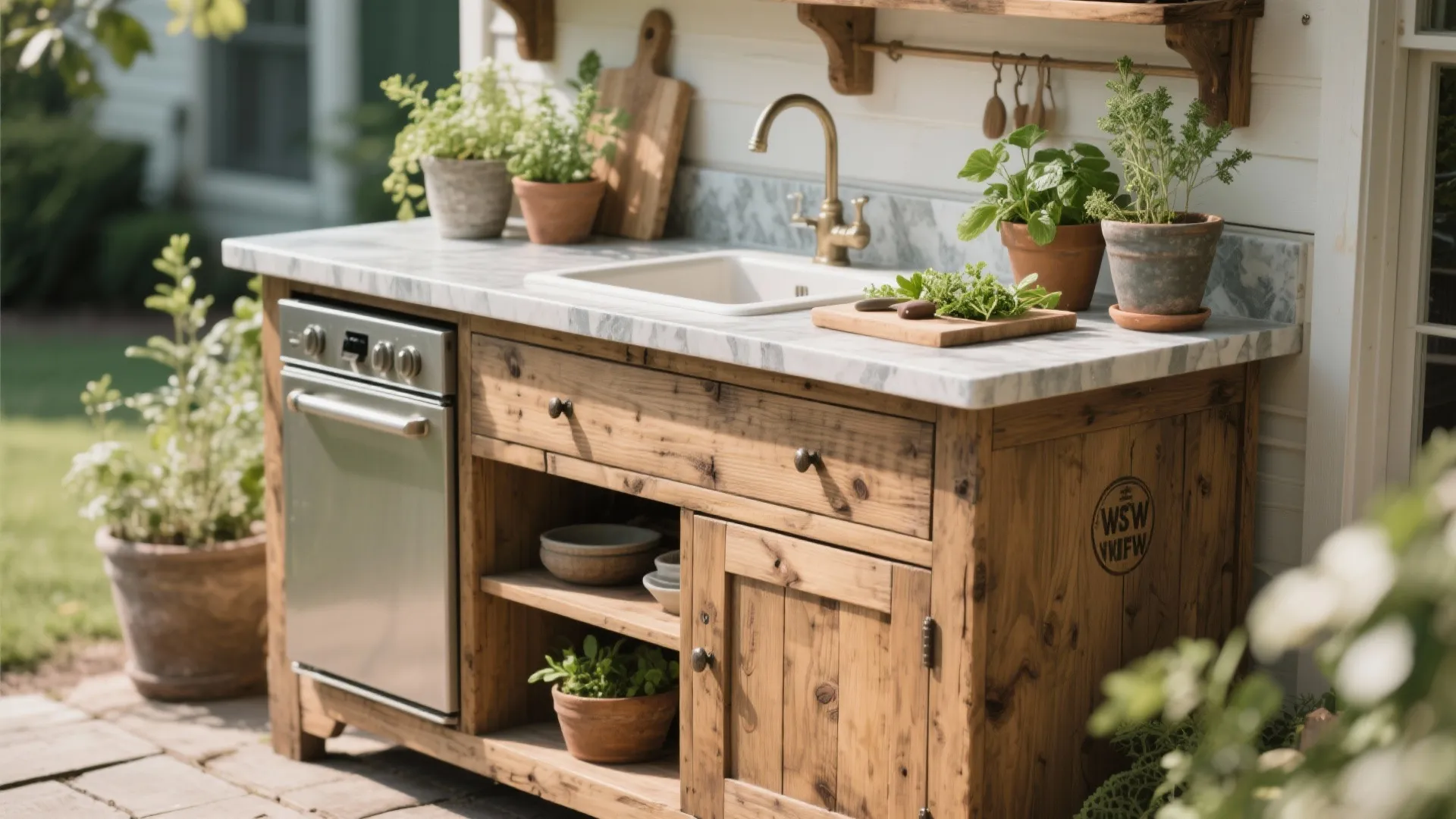Wooden outdoor kitchen cabinet with marble countertop white sink small oven and green potted plants