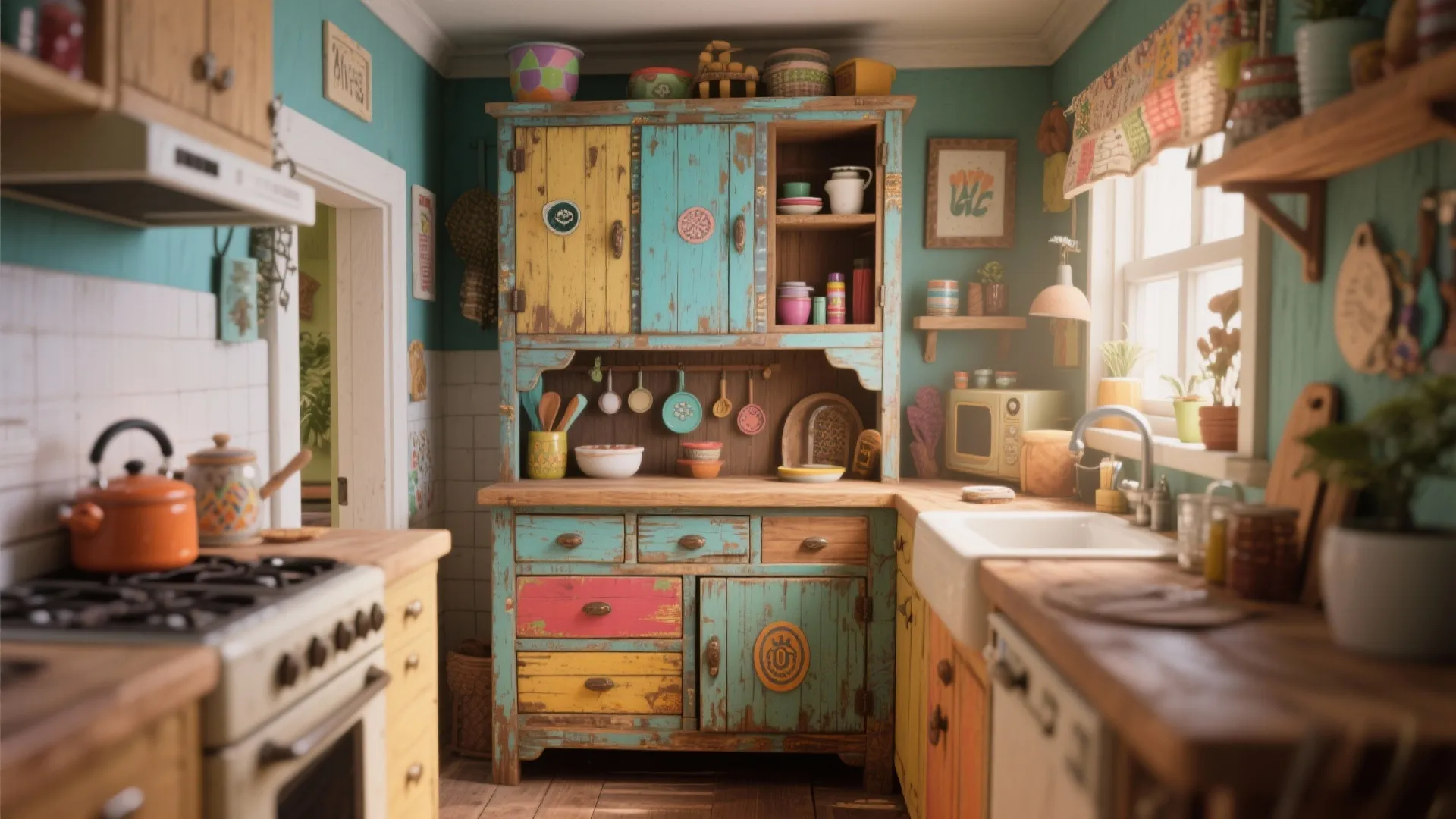 Colorful distressed wooden cabinet in eclectic kitchen with teal walls and rustic wood countertop design