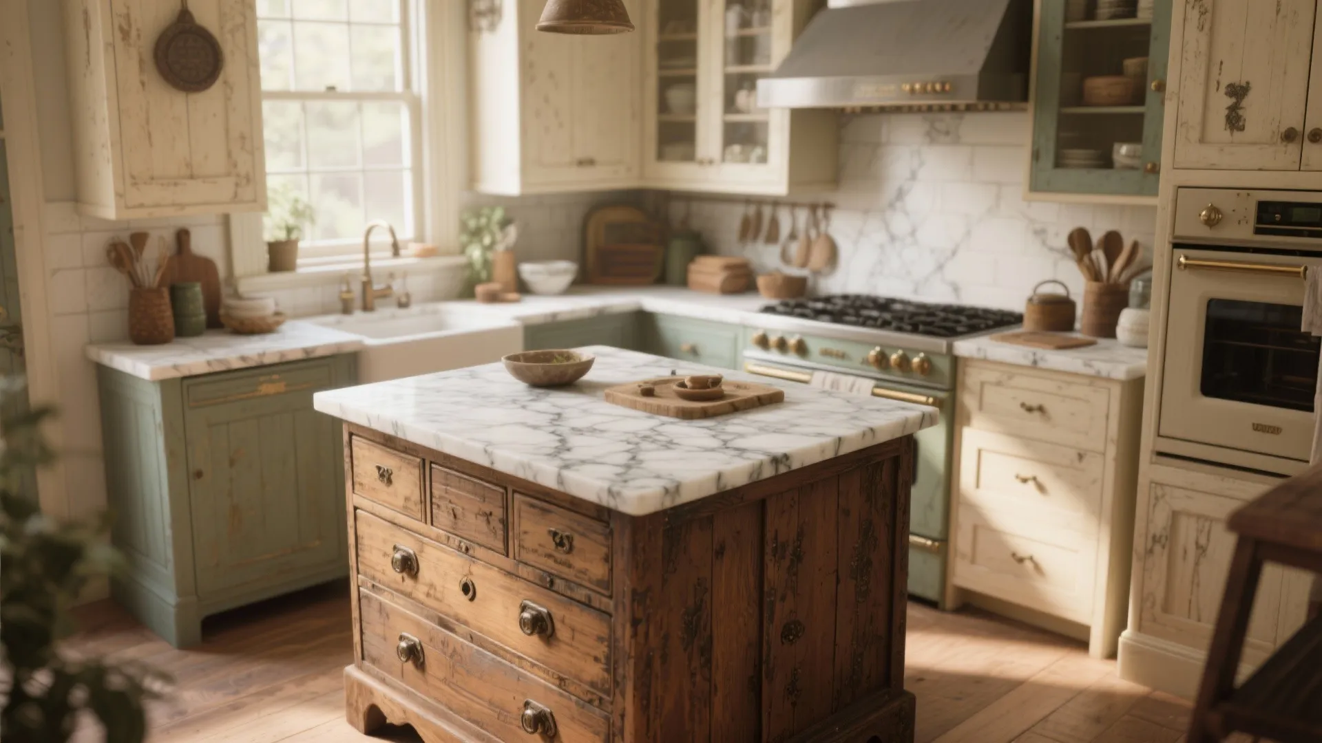 Rustic wooden cabinet repurposed as a kitchen island with marble top in a farmhouse kitchen