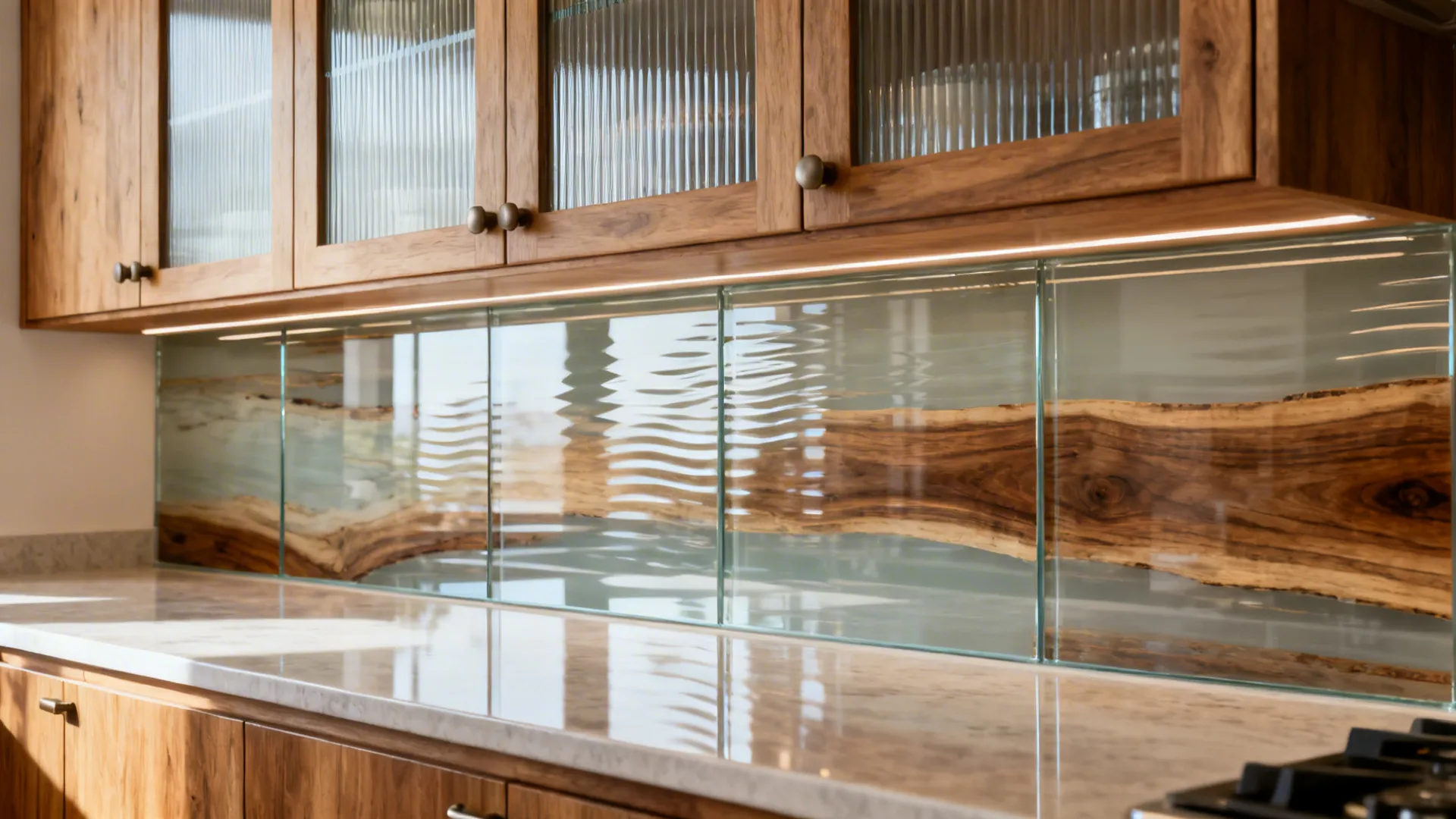 Reeded glass cabinet doors and a reflective repurposed glass backsplash brighten a compact kitchen.