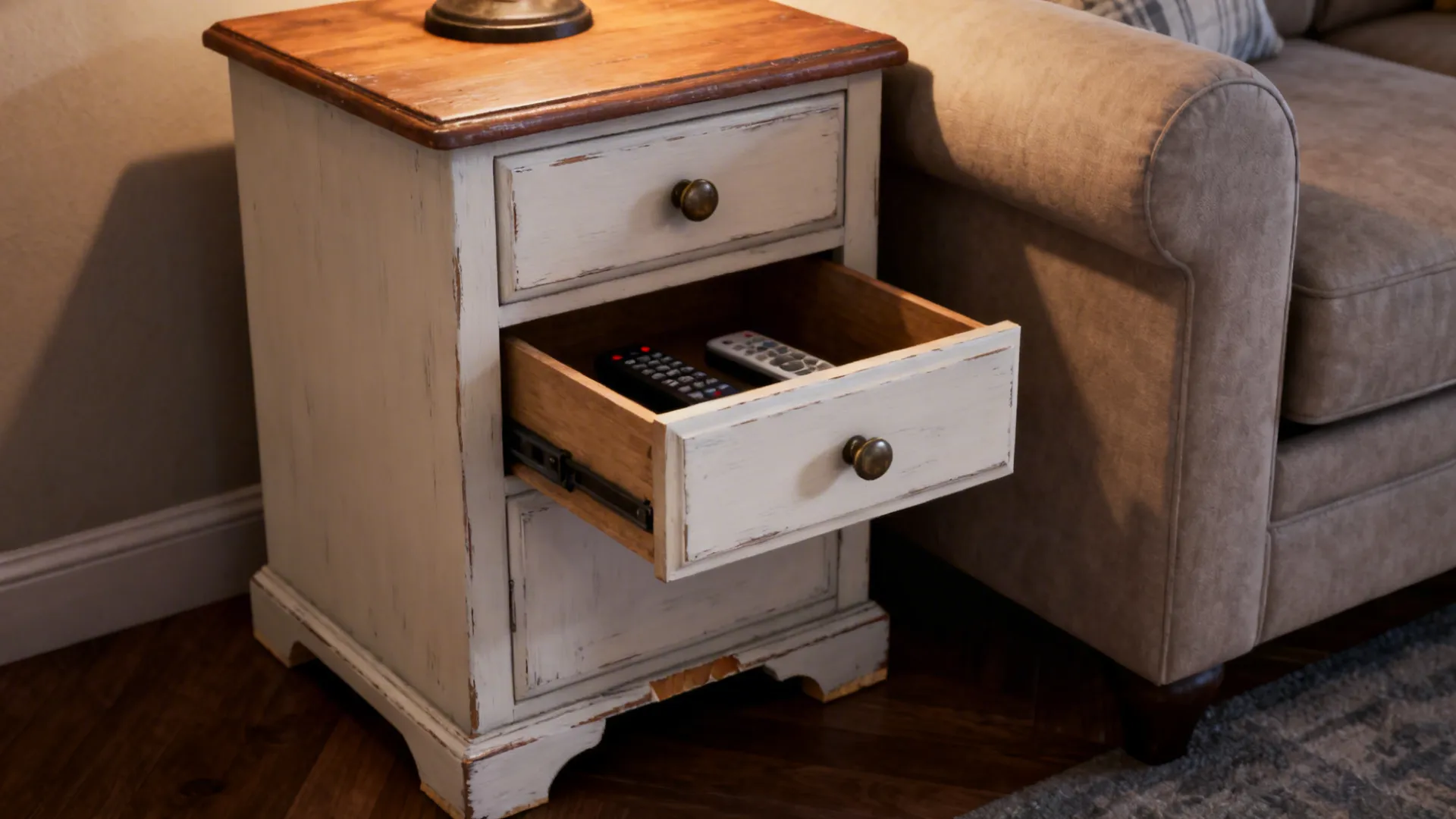 White wooden bedside table with open drawer holding remote controls standing next to beige sofa