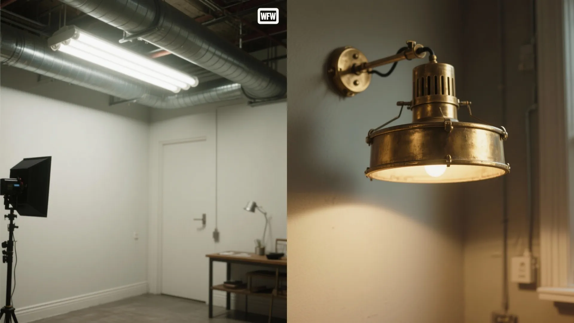 Comparison of a bright workshop room and a close-up of a brass metal wall light