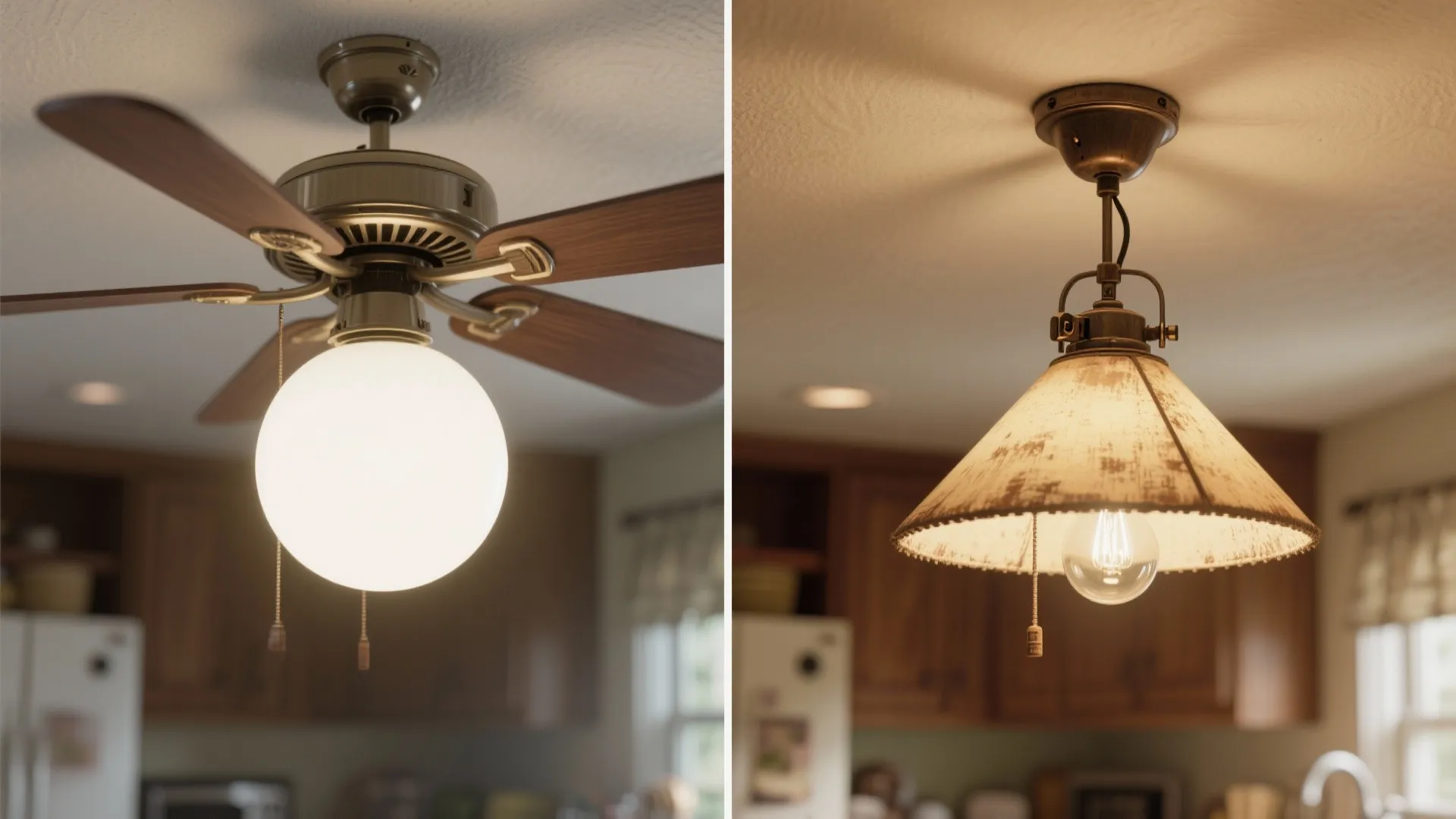 Before and after comparison of a round ceiling fan light versus a patterned fabric light fixture