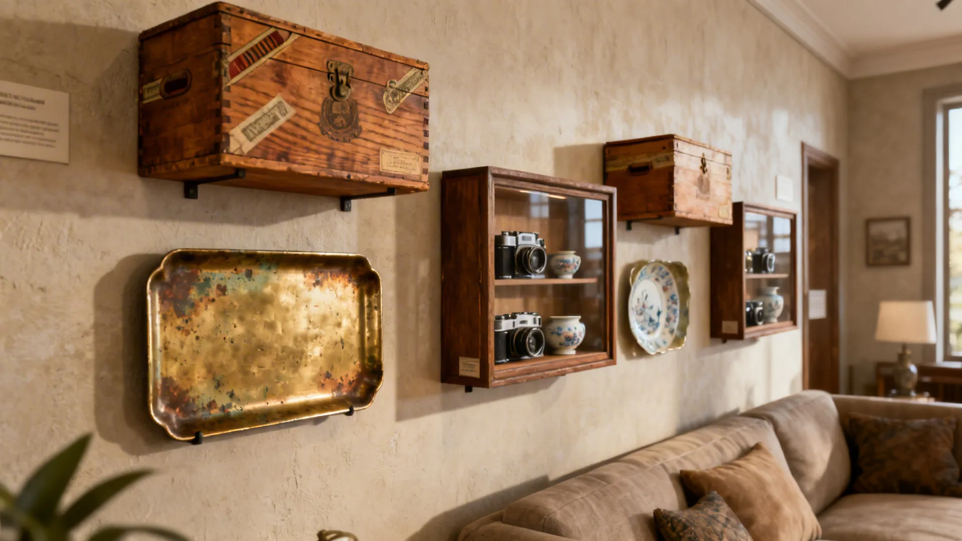 Repurposed wooden boxes and shadow boxes displaying vintage collectibles on a wall.