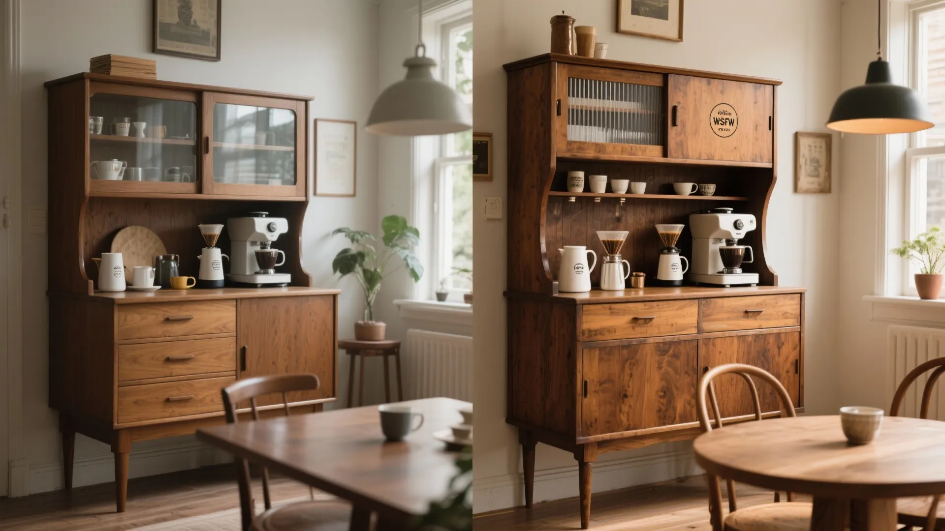 Vintage sideboard repurposed as a stylish coffee station