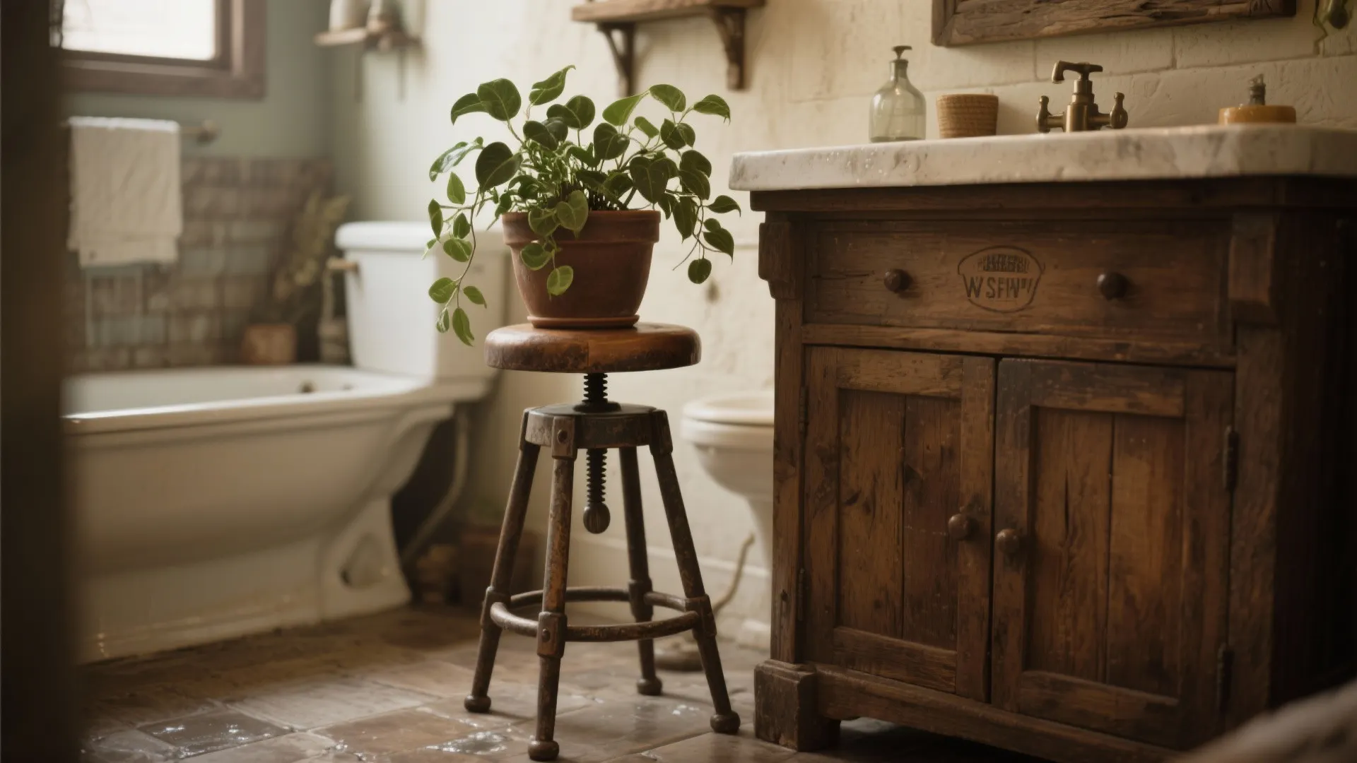 Vintage bathroom with a green plant sitting on a wooden stool near a dark cabinet