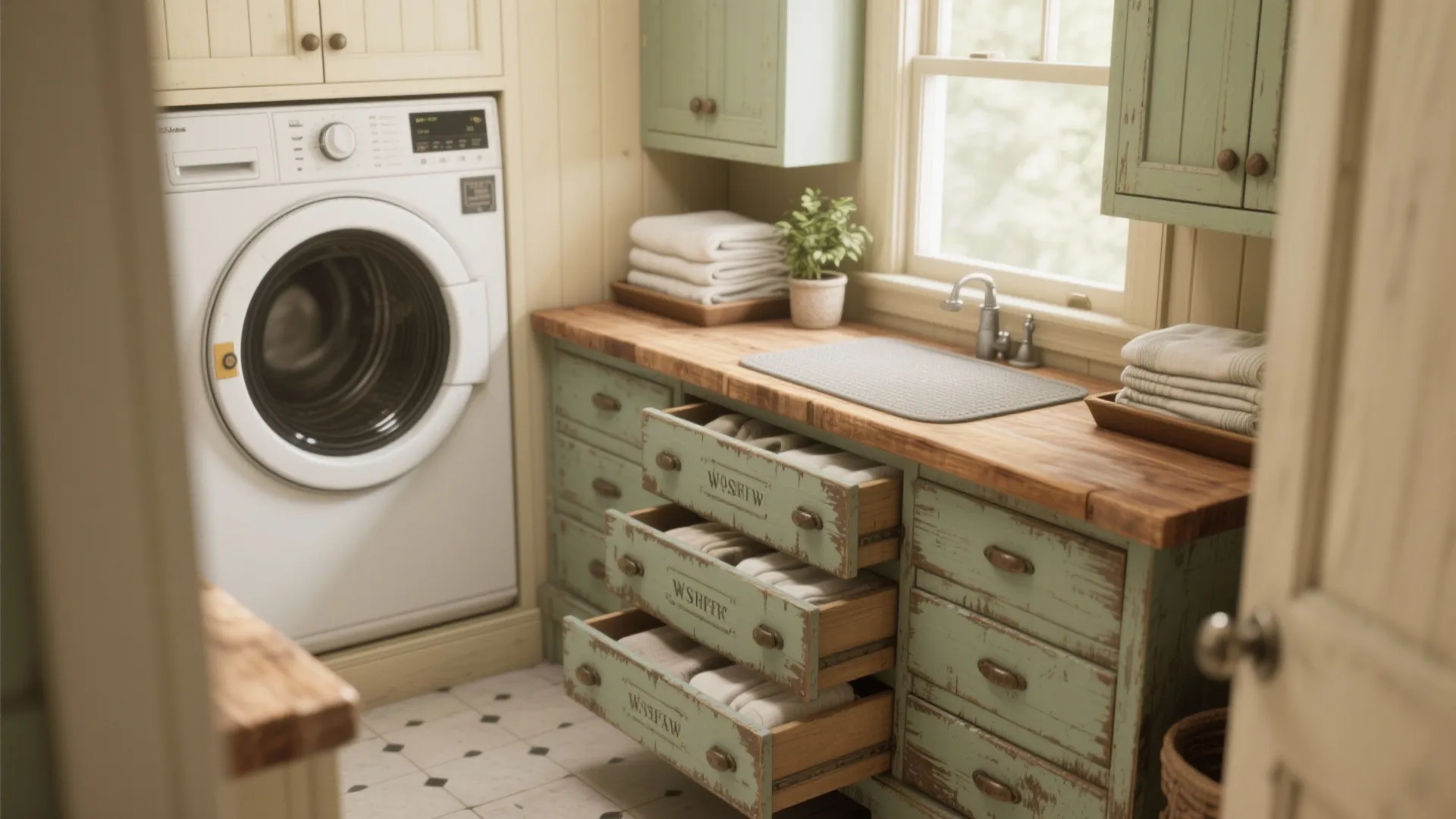 Vintage laundry room featuring green wooden cabinets with open drawers and white washing machine unit