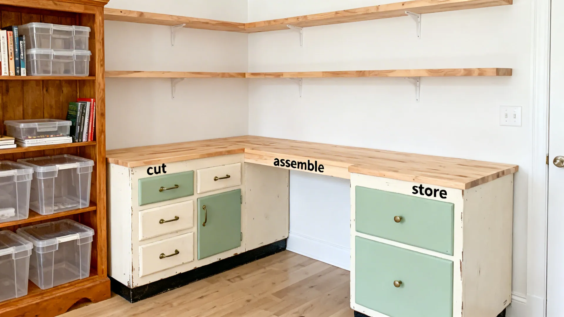 Repurposed bookcase and drawer bank with an L-shaped desktop creating cut, assemble, and store zones.