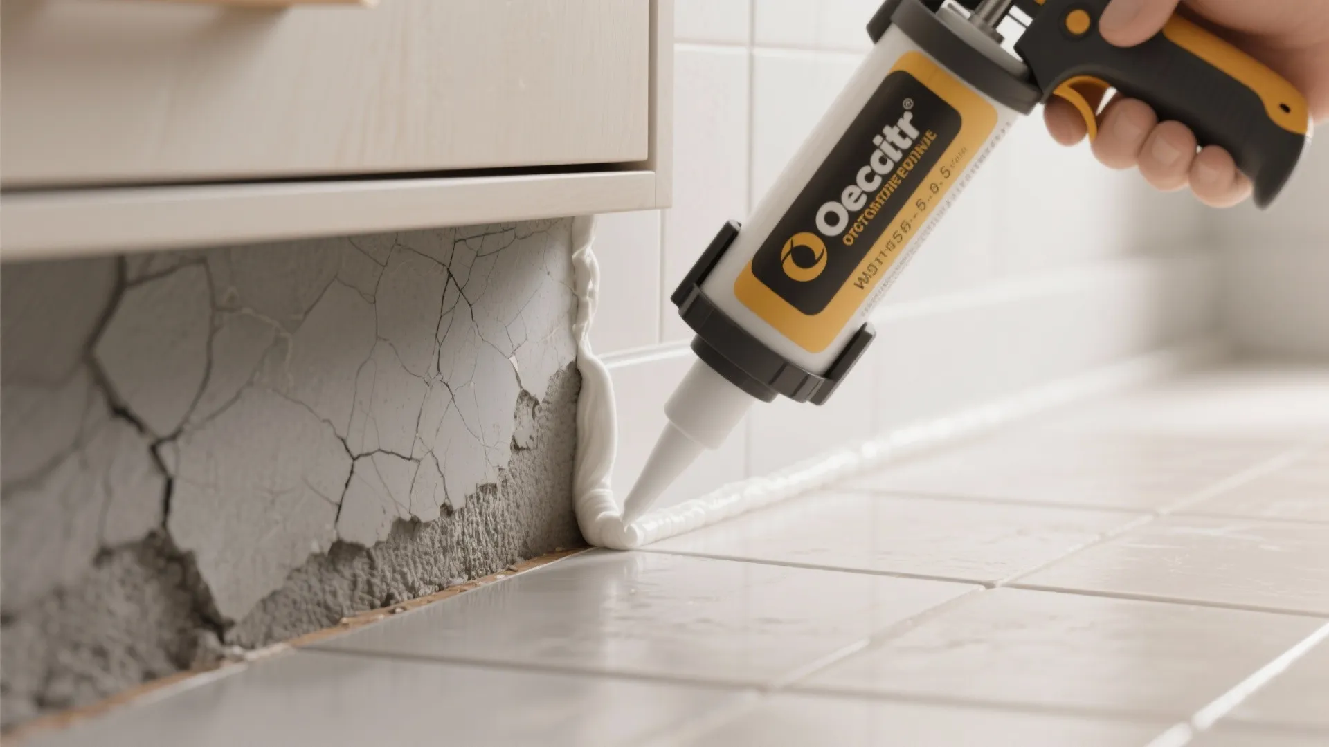 Applying white sealant with a tool along the gap between floor tiles and a wall panel