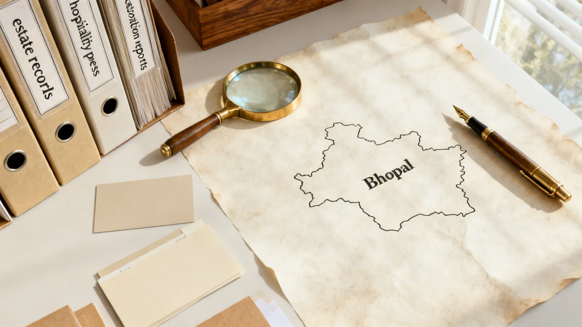 Top-down desk scene with archival folders, magnifying glass, index cards, and a Bhopal map.