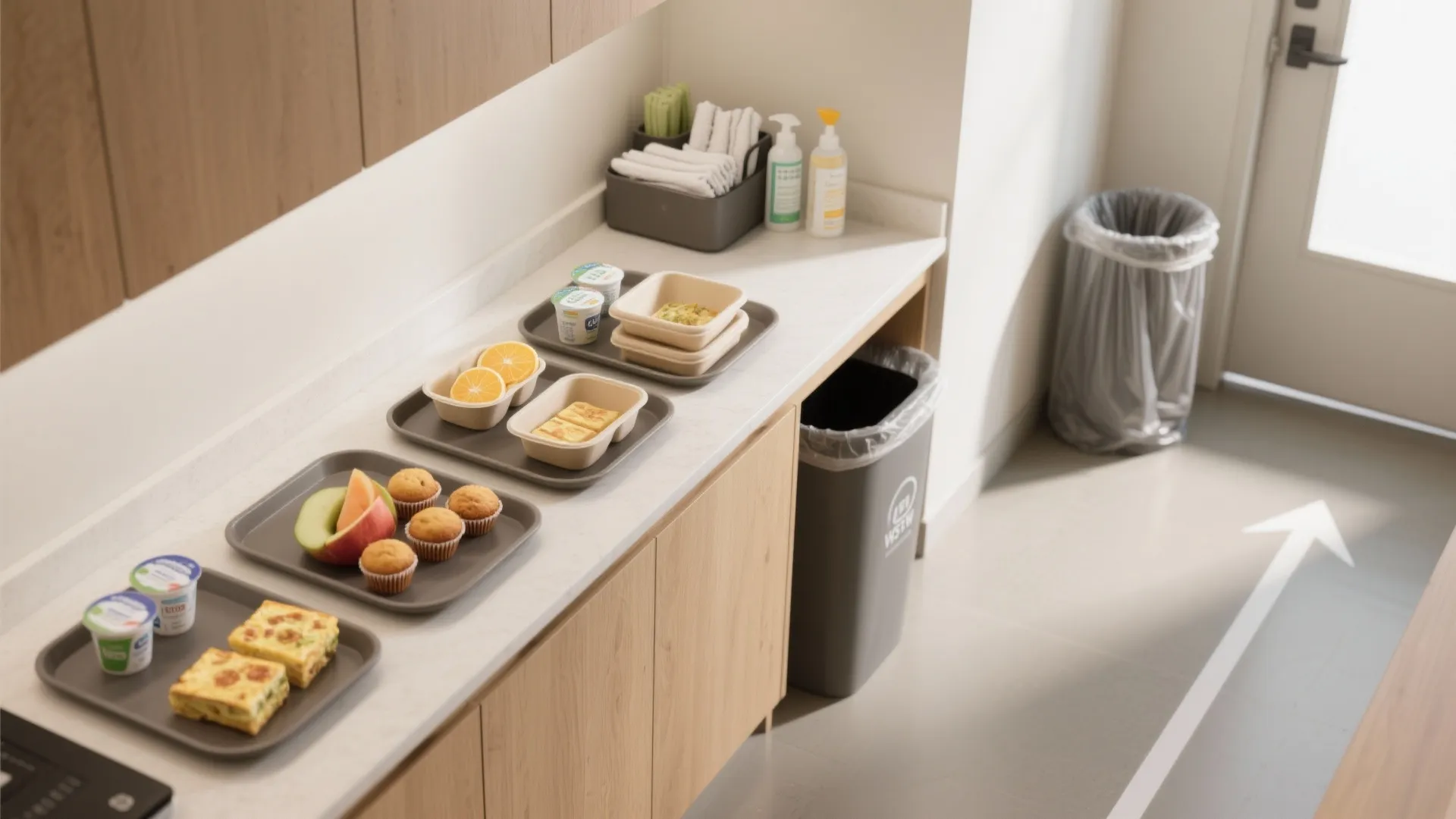 Food service counter with trays of muffins fruit and breakfast items near a trash can