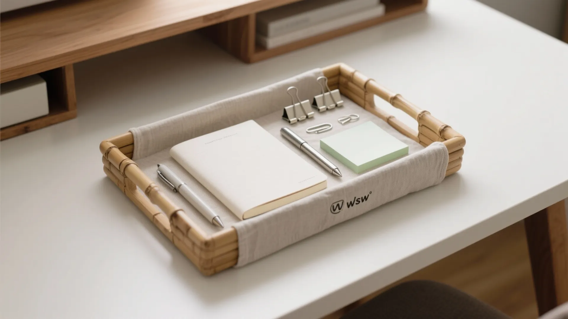 Small bamboo tray on a white desk holding a notebook pens sticky notes and clips