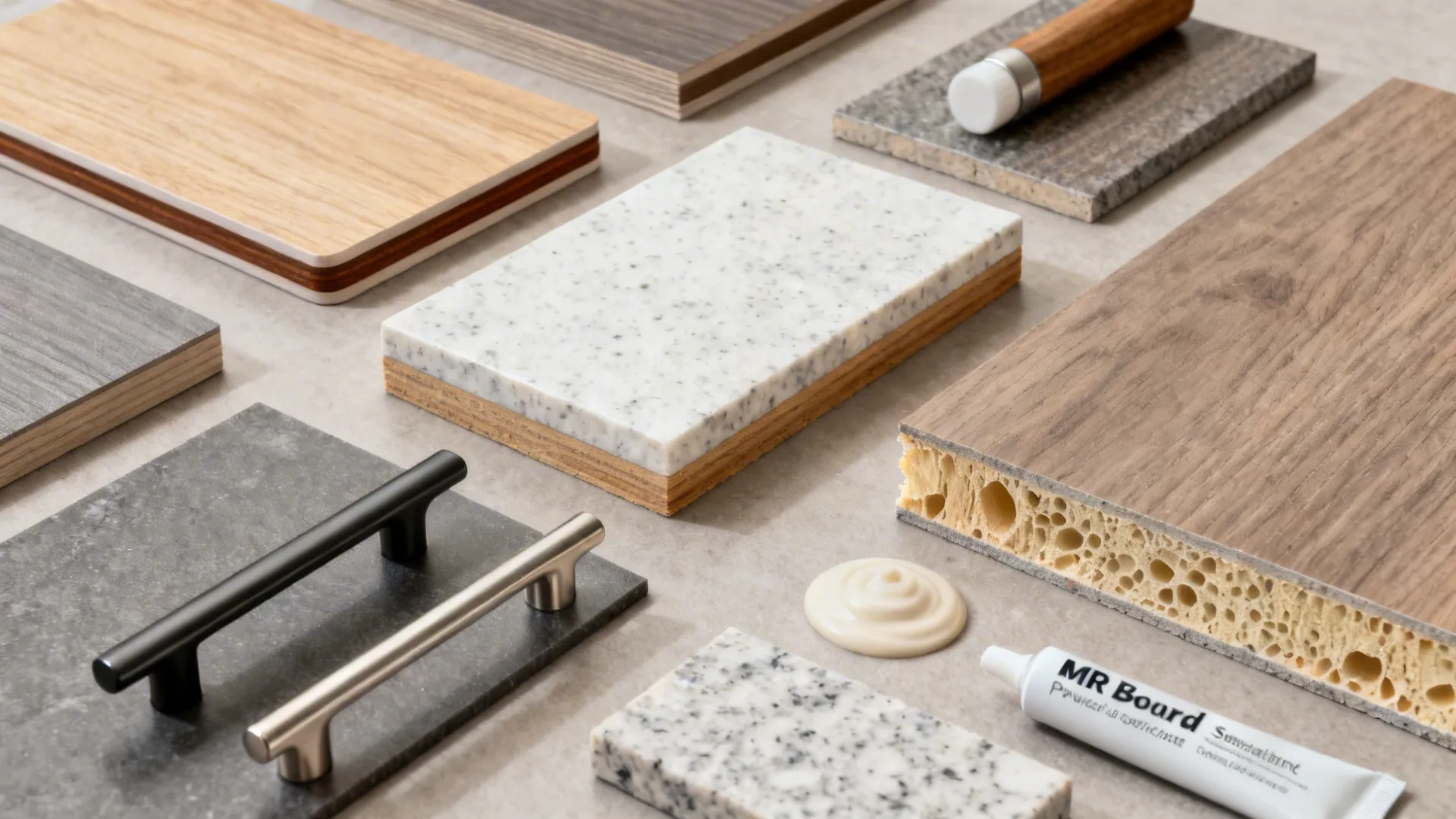 Top-down board of HPL, quartz, MR board, and powder-coated hardware samples.