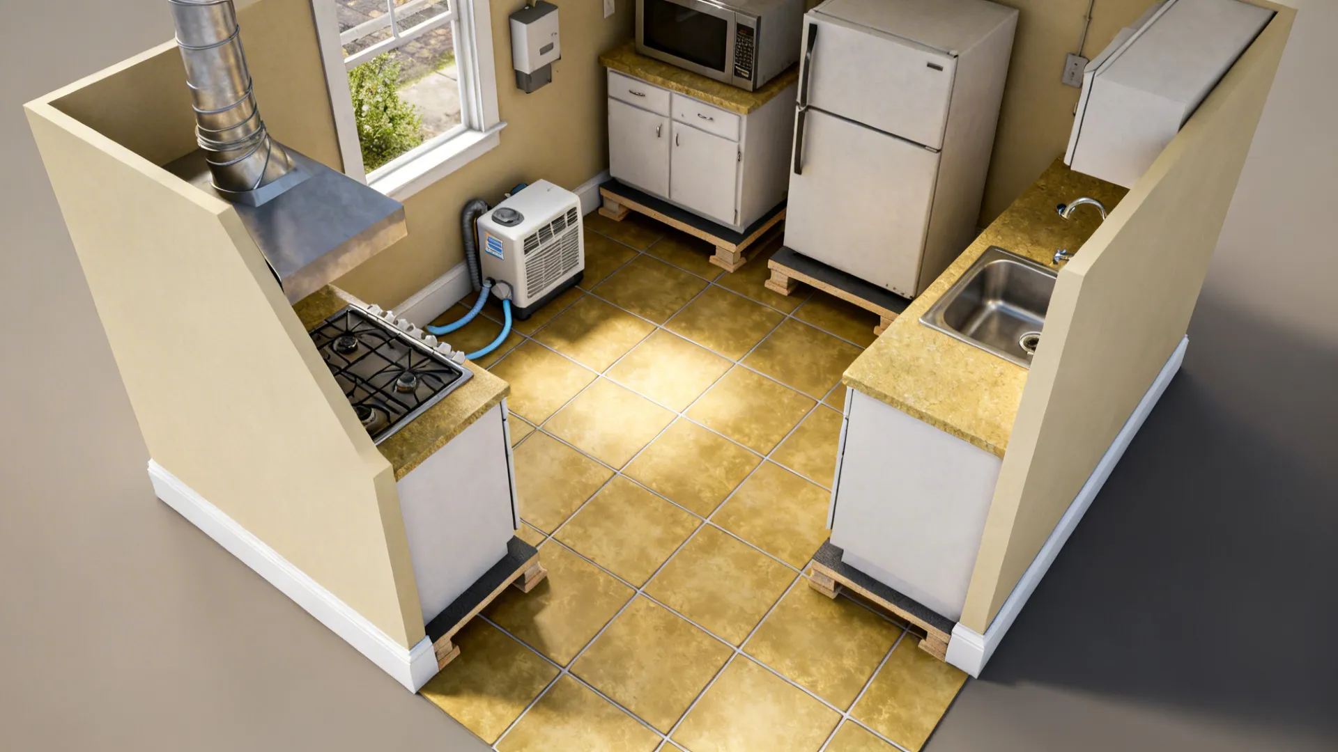 Top-down plan showing ducted hood, dehumidifier placement, and flood-smart materials in a small kitchen.