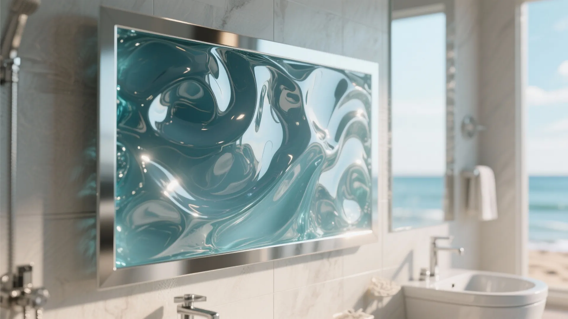 Glossy resin-sealed abstract panel with aluminum backing mounted in a humid bathroom