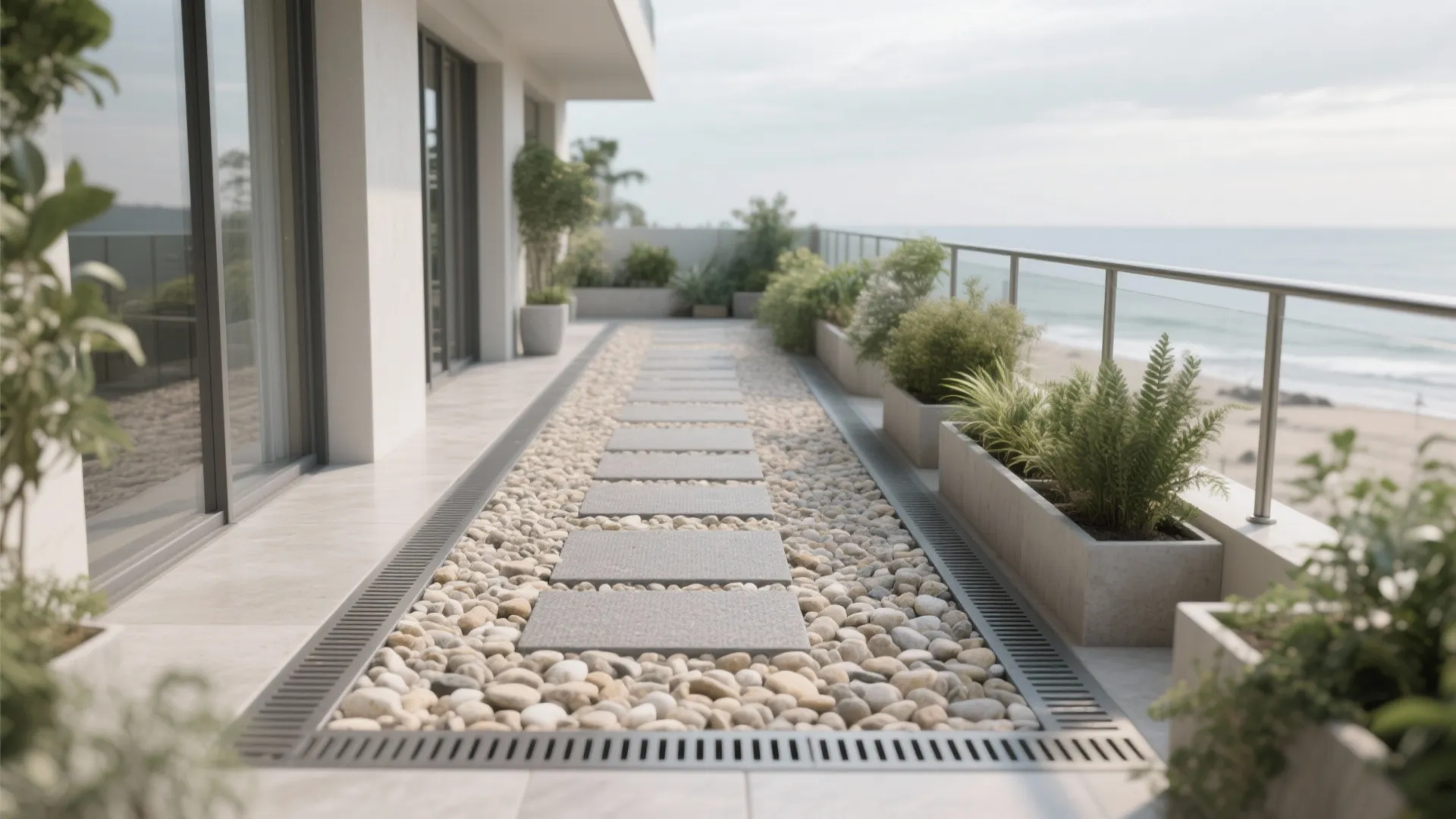 Balcony path of resin-bound gravel with clean edging beside planters on a drainage base.