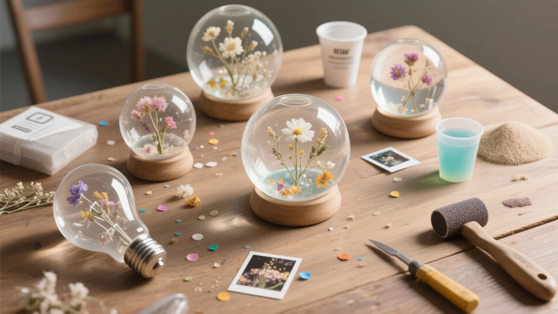 Several decorative glass globes with dried flowers inside sitting on a wooden table with tools