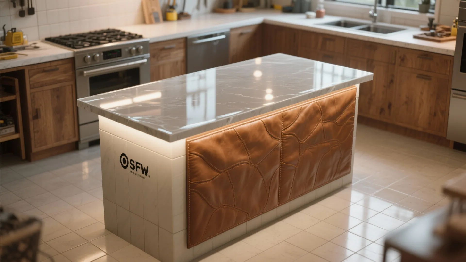 Small kitchen island with a leather panel sealed beneath a clear resin overlay showing glossy finish and leather texture.
