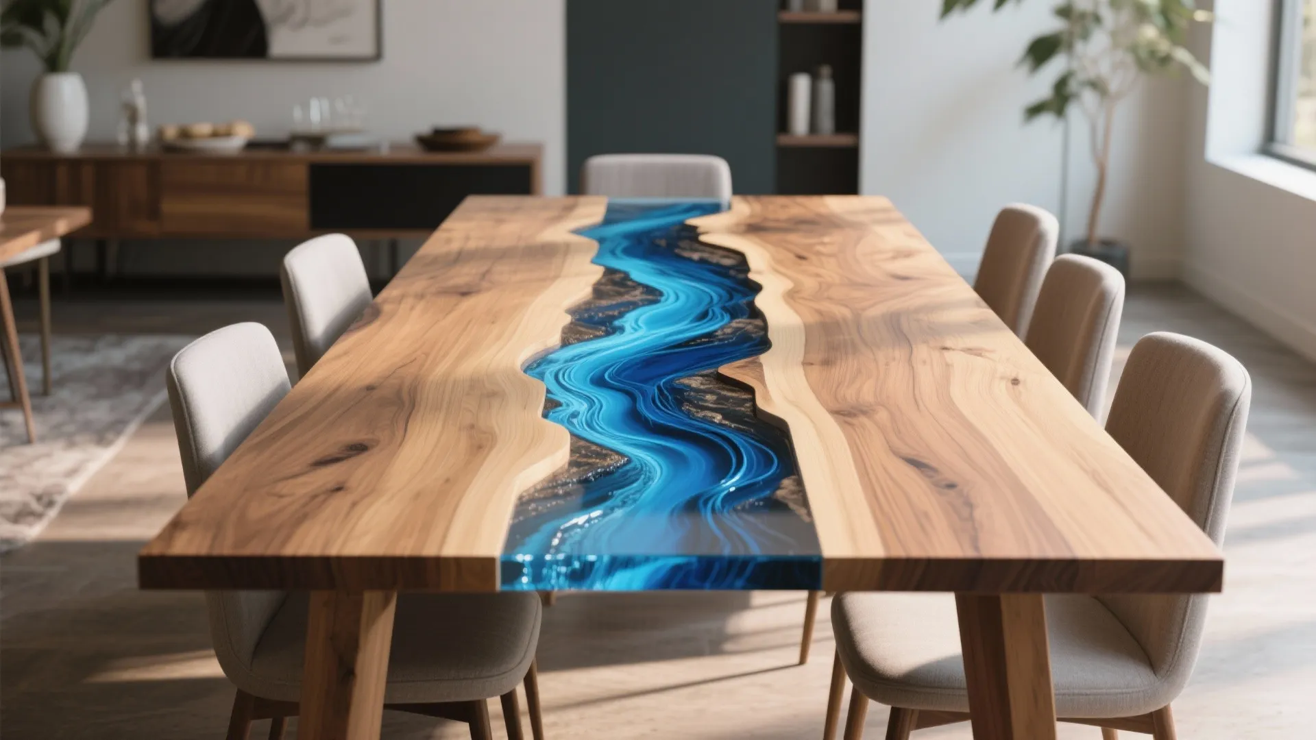 Long wooden dining table with blue resin river design surrounded by grey chairs in room
