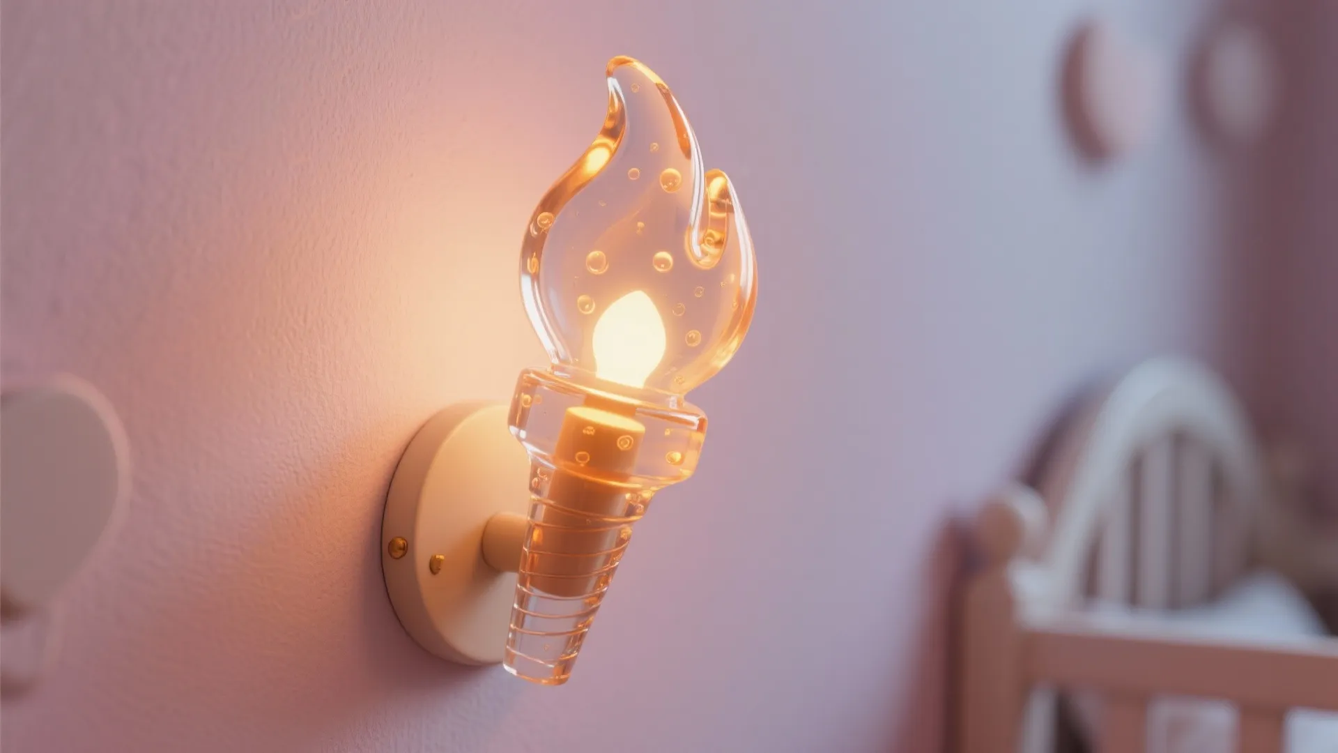A decorative glass wall light shaped like a burning torch glowing warmly on pink wall