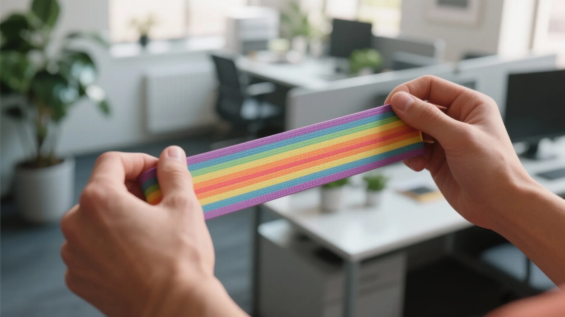 Close-up of hands using a resistance band in the office