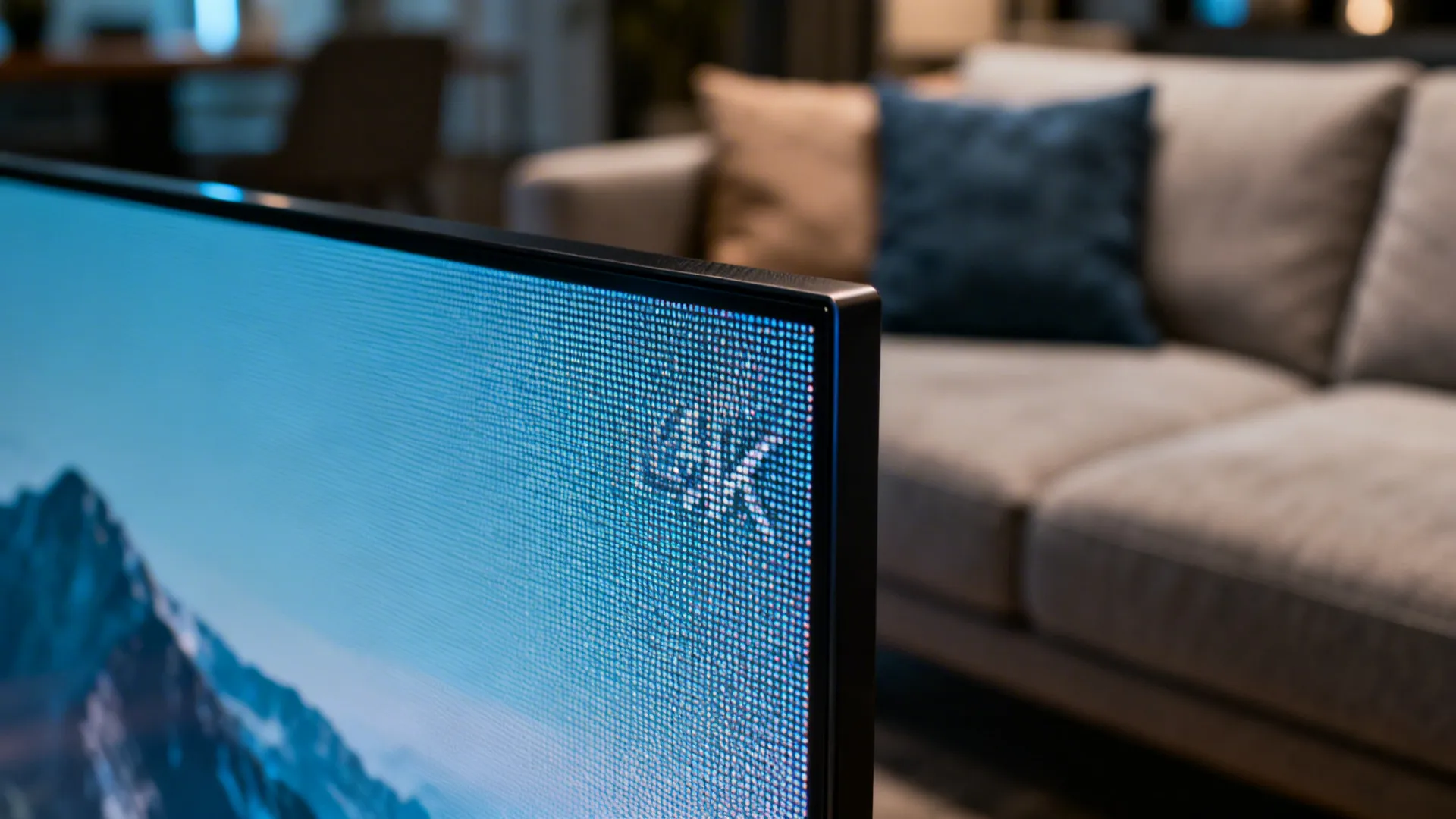 Close-up of a 4K TV screen edge showing high pixel density and sharpness.