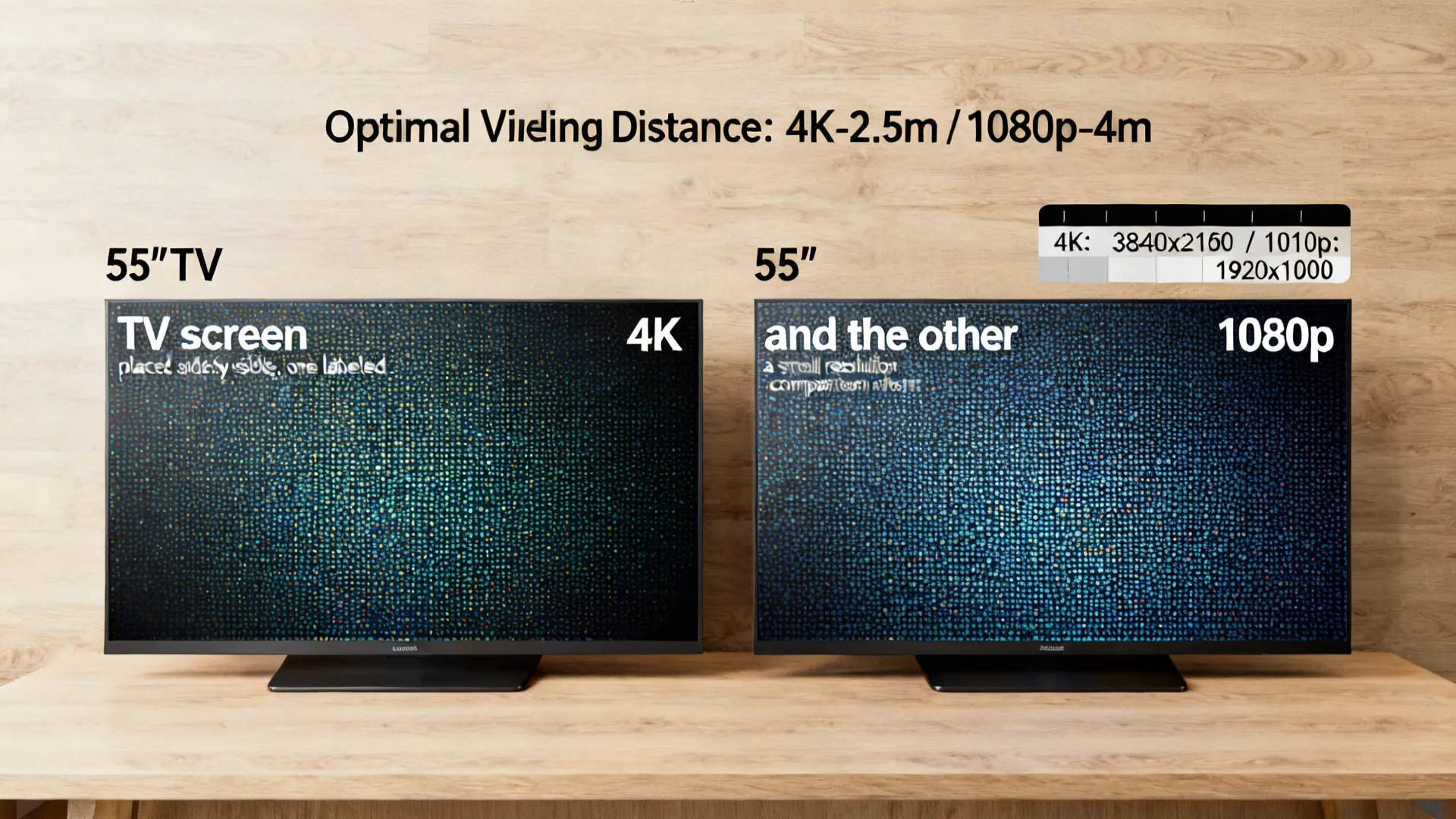 Flatlay comparing 4K vs 1080p screens with pixel density and viewing-distance overlays.