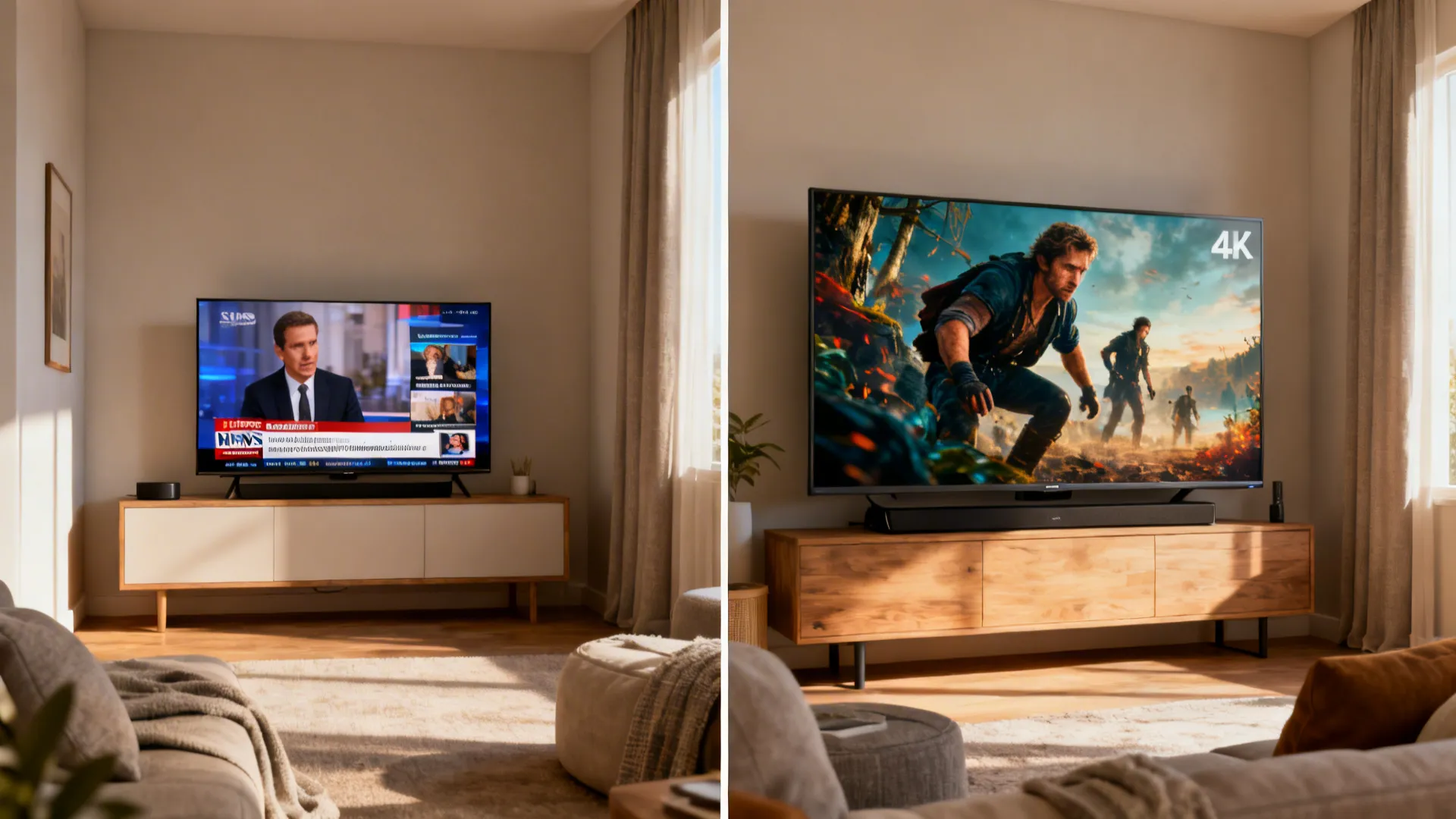 Side-by-side small living room scenes comparing smaller TV for news and larger 4K TV for movies.