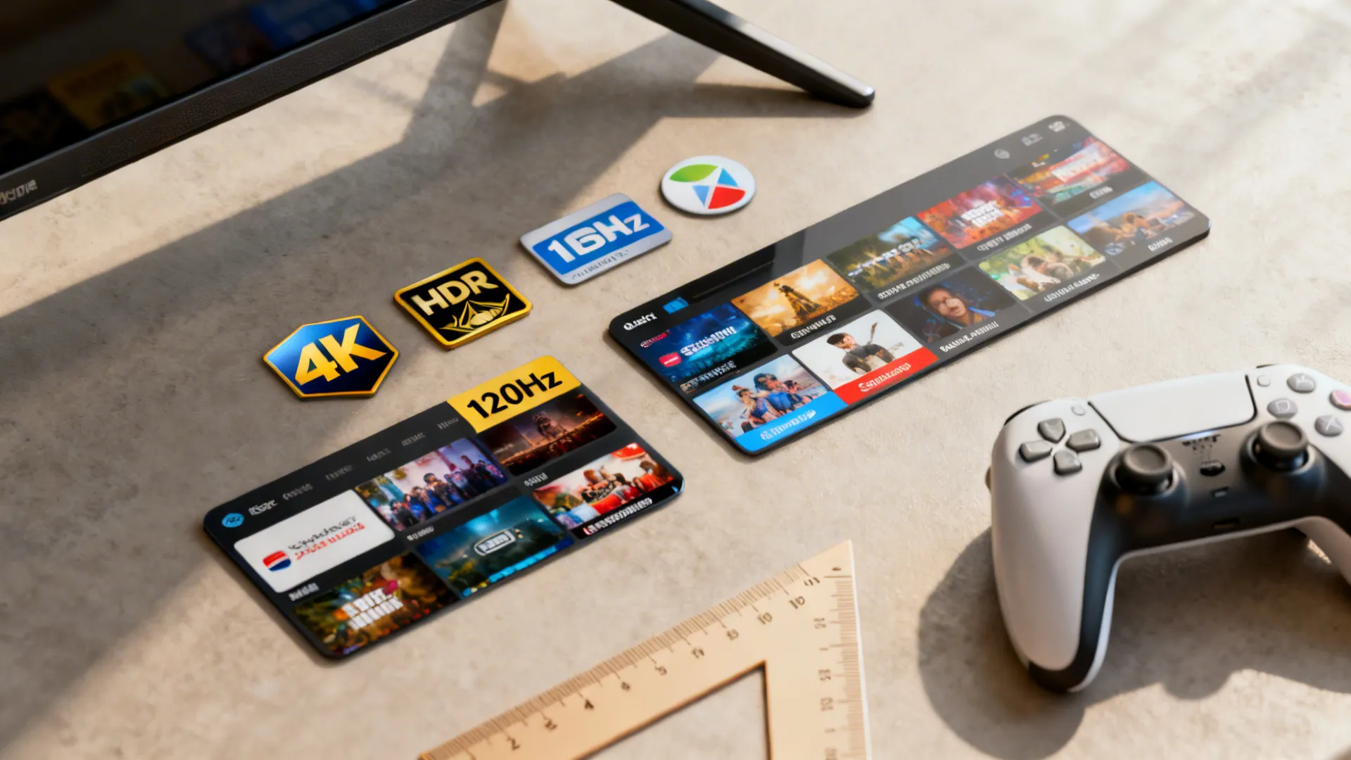 Flatlay of 4K, HDR, 120Hz icons with streaming and gaming items to illustrate content and feature decisions