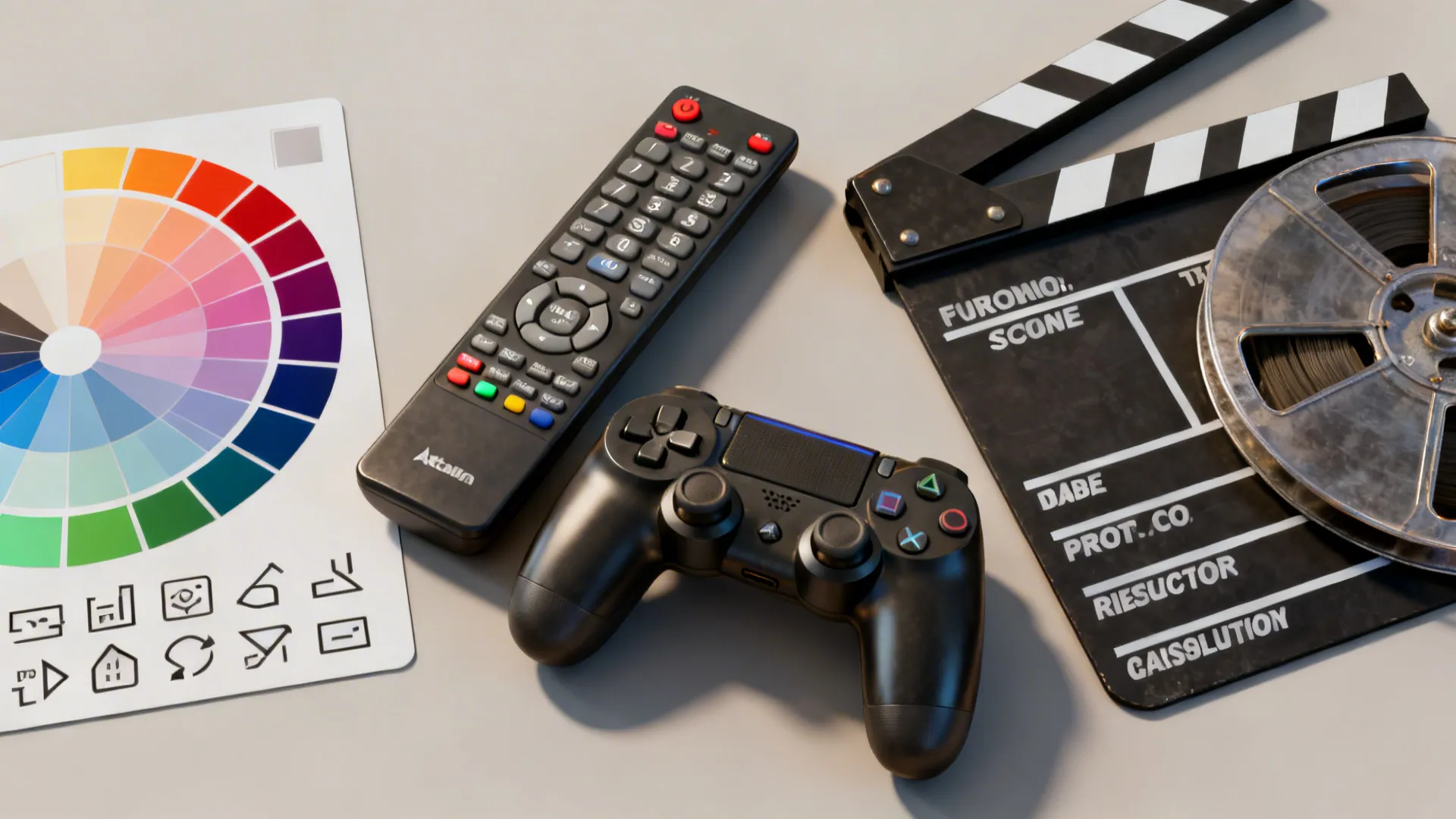 Flatlay of controller, remote and resolution-themed props illustrating content types