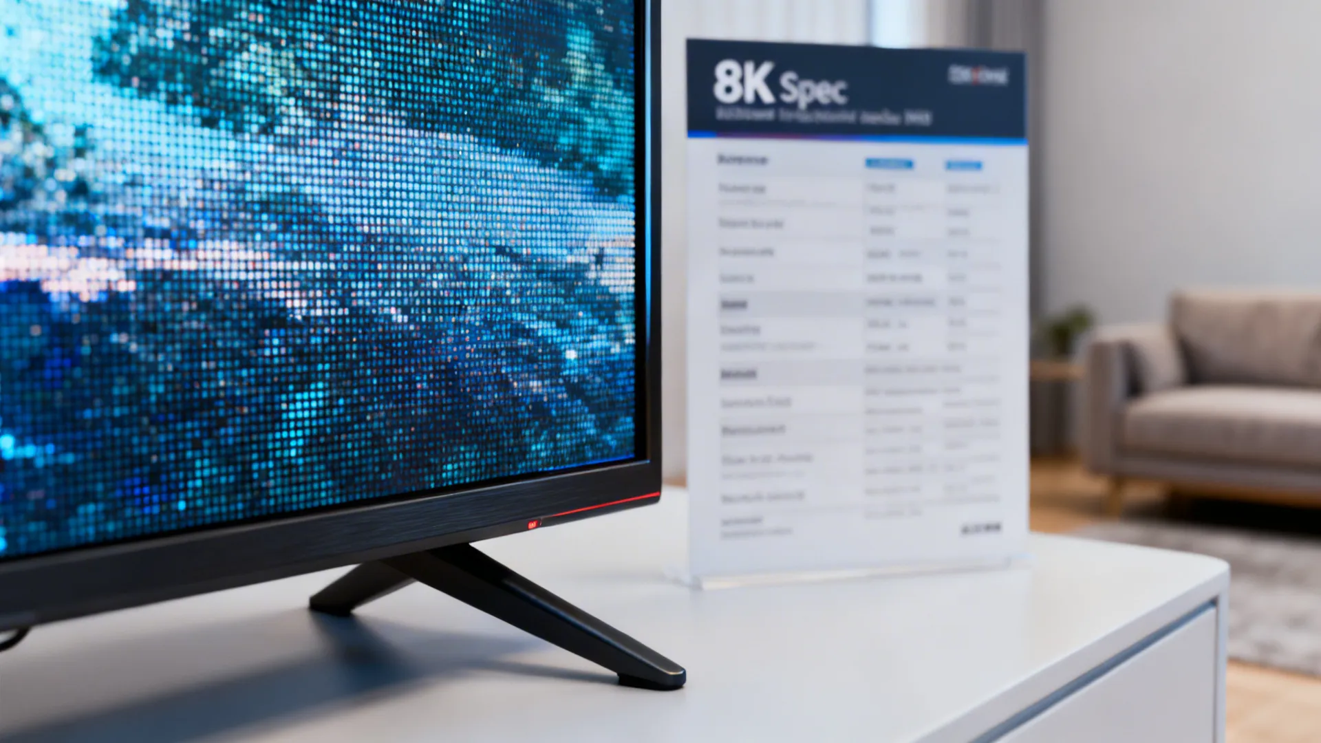 Close-up of a 4K TV panel showing detailed image with living room context