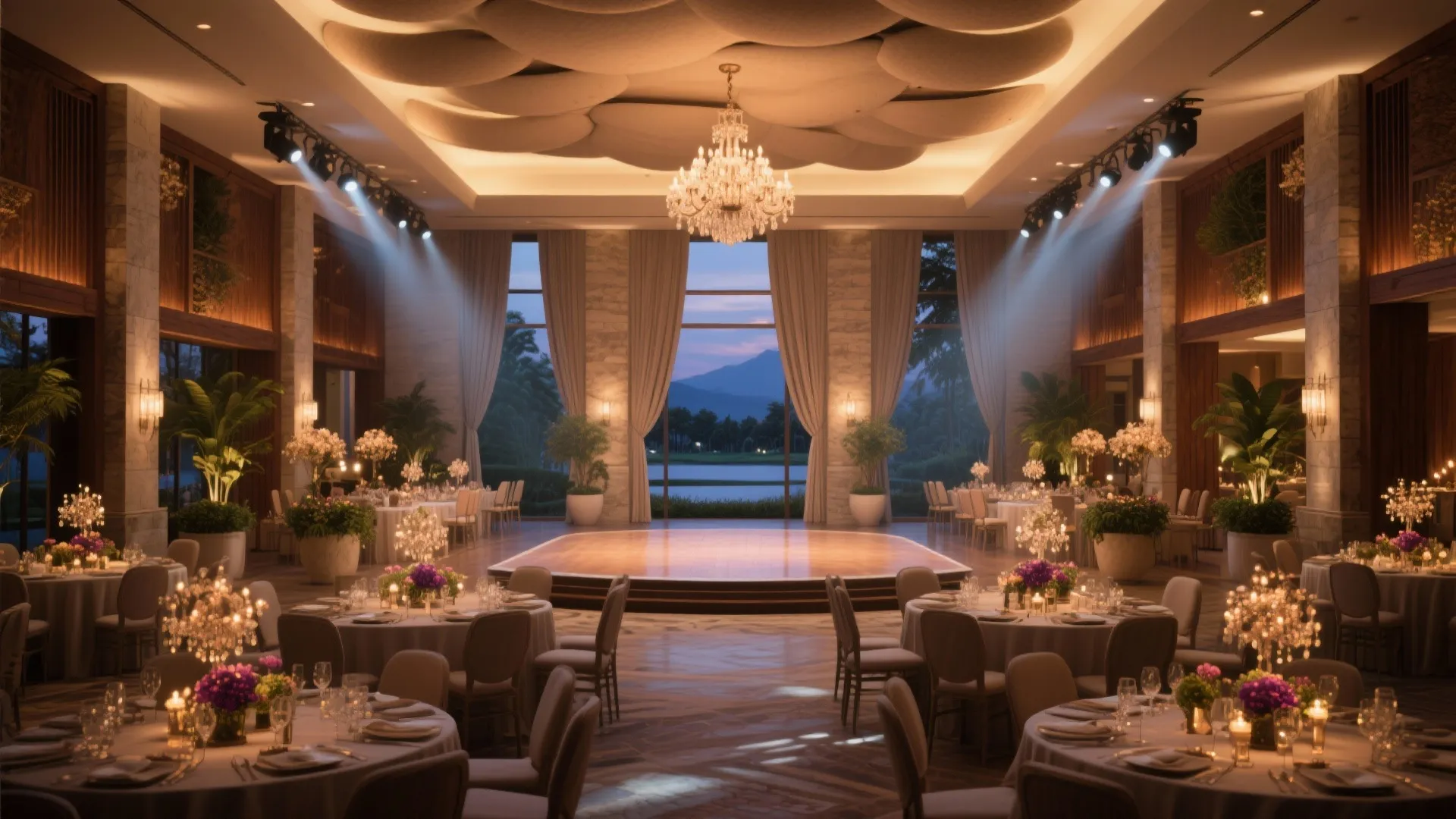 Luxury banquet hall with round tables purple flowers large ceiling light and stage with mountain view
