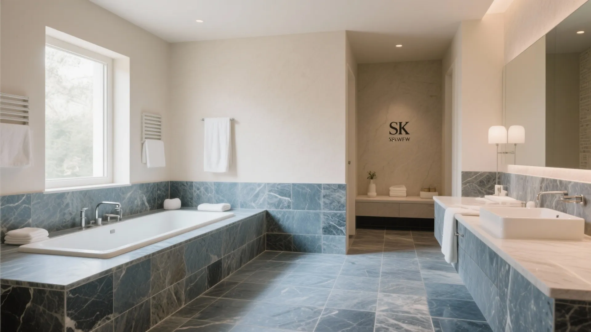 Luxury resort bathroom with blue marble tiles white bathtub dual sinks large mirror and window