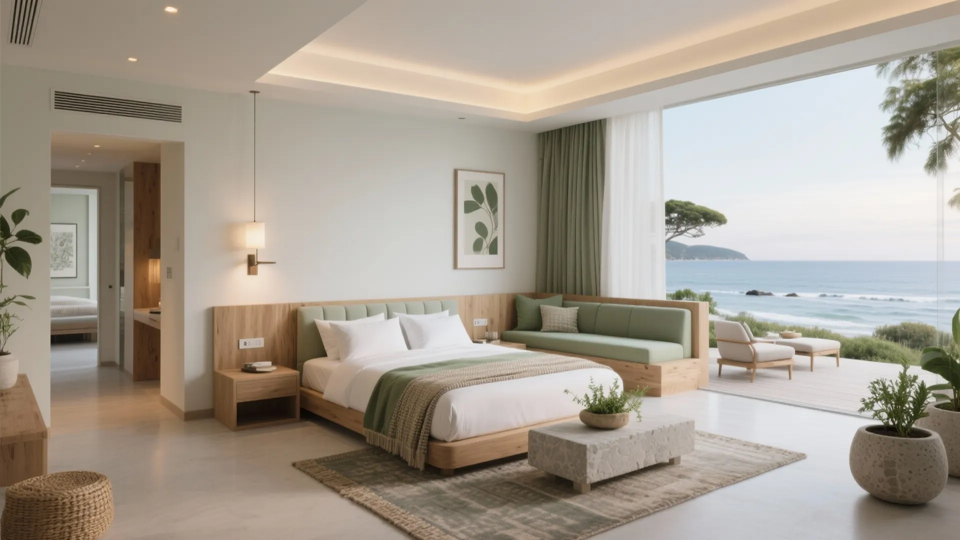 Bright resort bedroom featuring green sofa wooden wall panels and glass doors facing the ocean