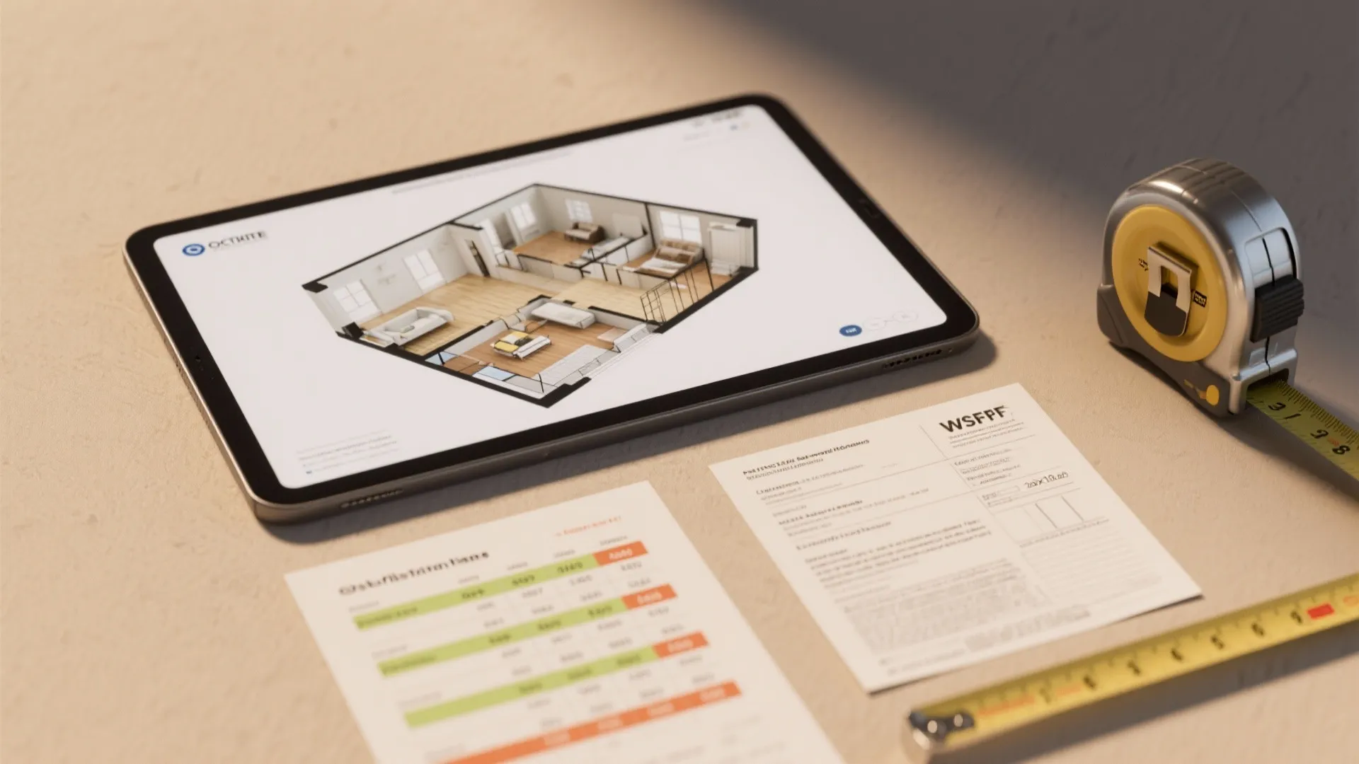 Flatlay including tablet with 3D planner, cost cheat-sheet, measuring tape and permit forms for homeowners
