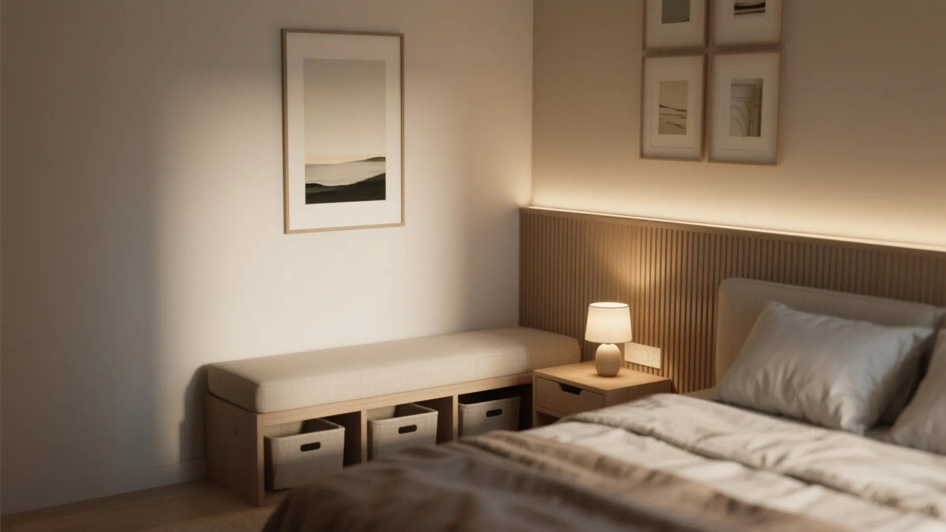Minimalist bedroom featuring a wooden wall panel bedside table small lamp and a long bench