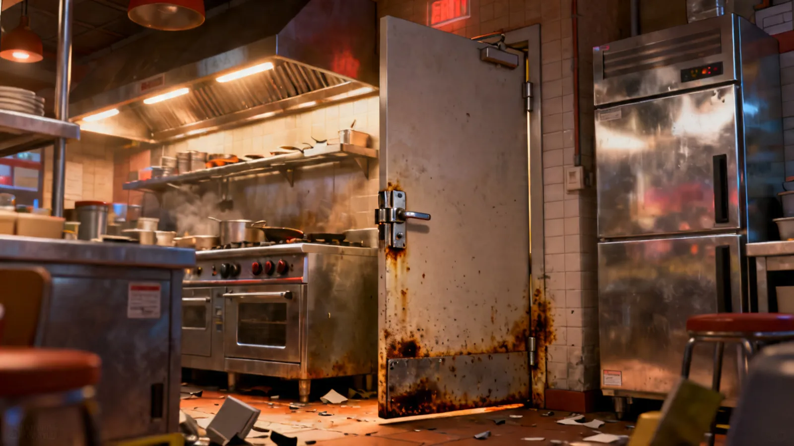 Commercial kitchen swing door with visible grease buildup and wear near hinges