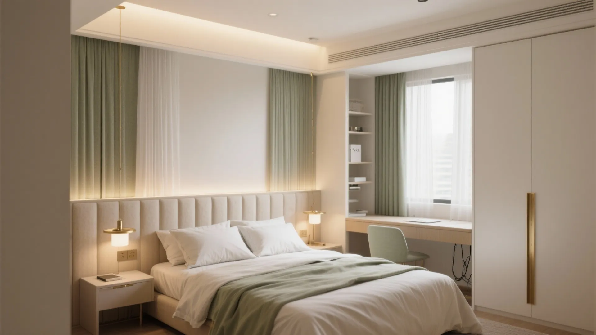 Modern bedroom with a white bed green blanket desk chair large closet and warm lighting